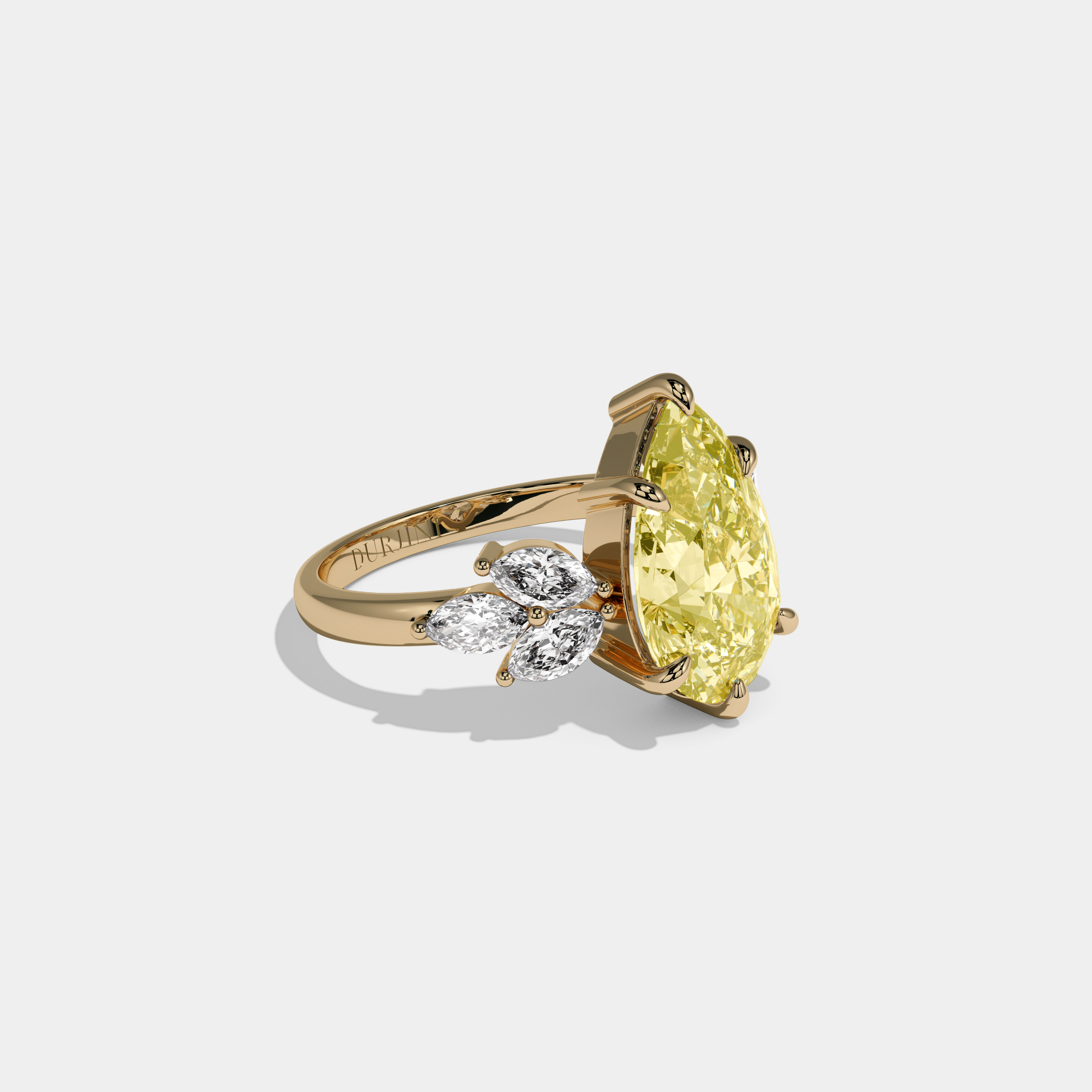 Victoria Fancy Yellow Pear Cut Diamond Plain Band With Marquise Cut Sides Engagement Ring 7ct 18K Yellow Gold