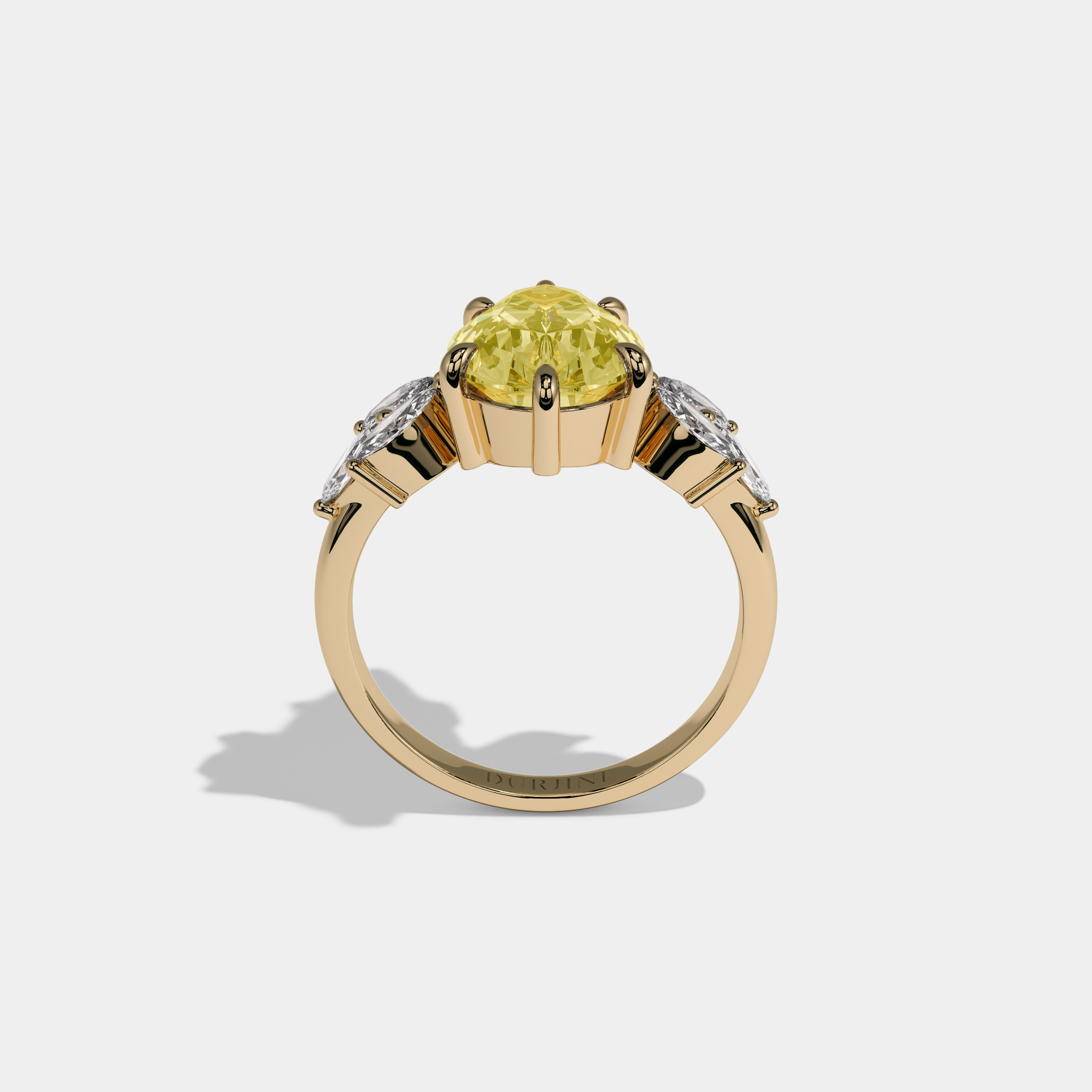 Victoria Fancy Yellow Pear Cut Diamond Plain Band With Marquise Cut Sides Engagement Ring 7ct 18K Yellow Gold