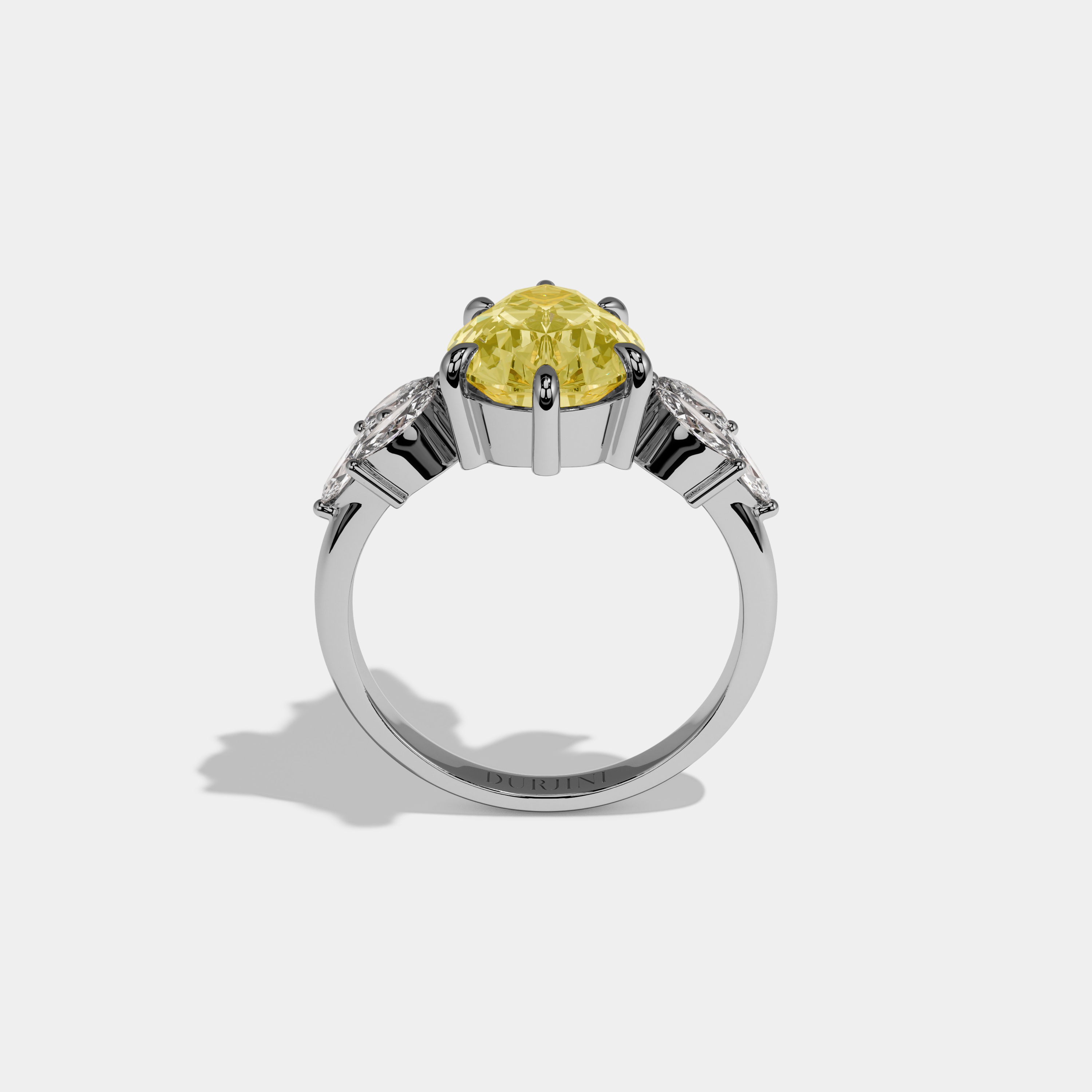 Freya Fancy Yellow Pear Cut Diamond Plain Band With Marquise Cut Sides Engagement Ring 7ct 18K White Gold