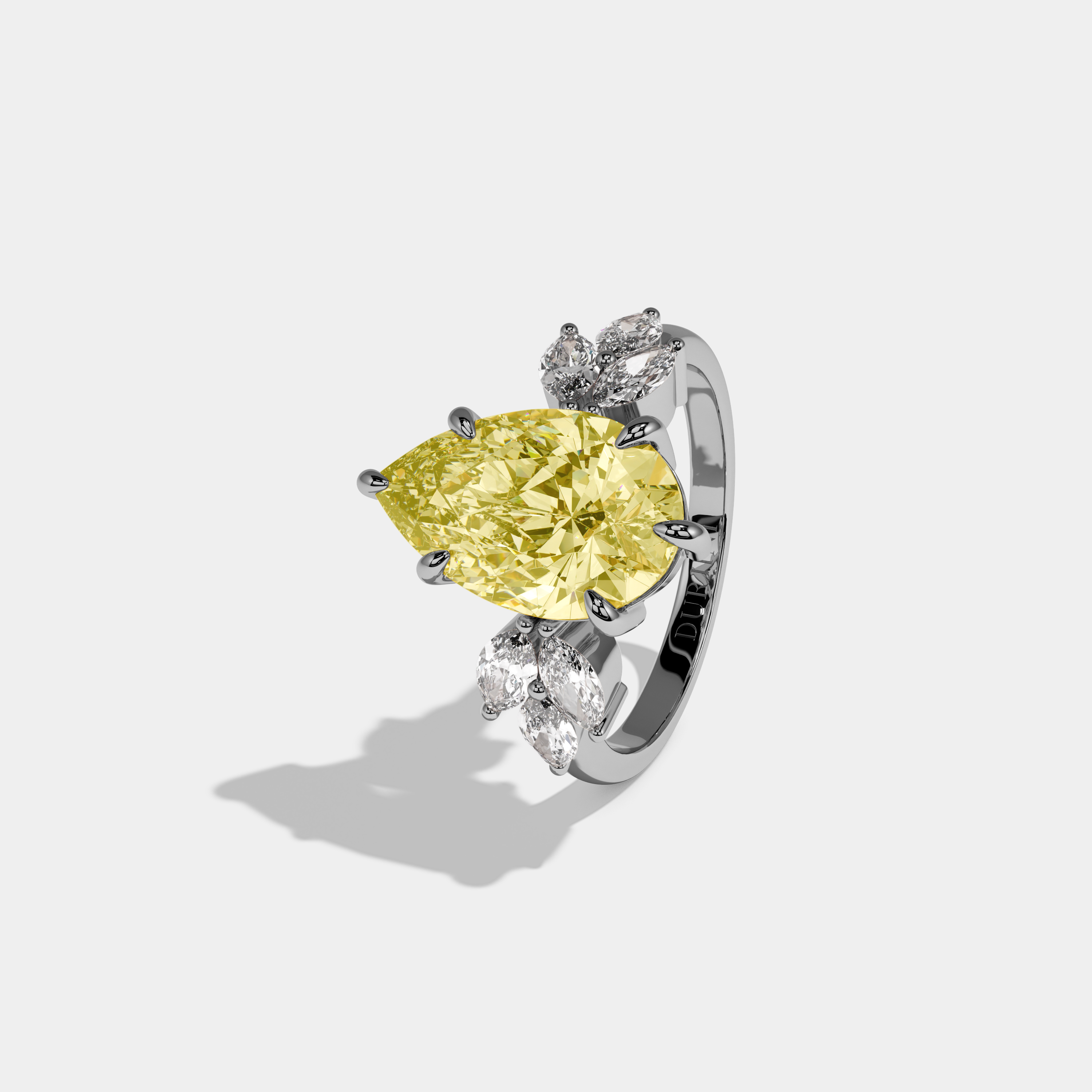Freya Fancy Yellow Pear Cut Diamond Plain Band With Marquise Cut Sides Engagement Ring 7ct 18K White Gold