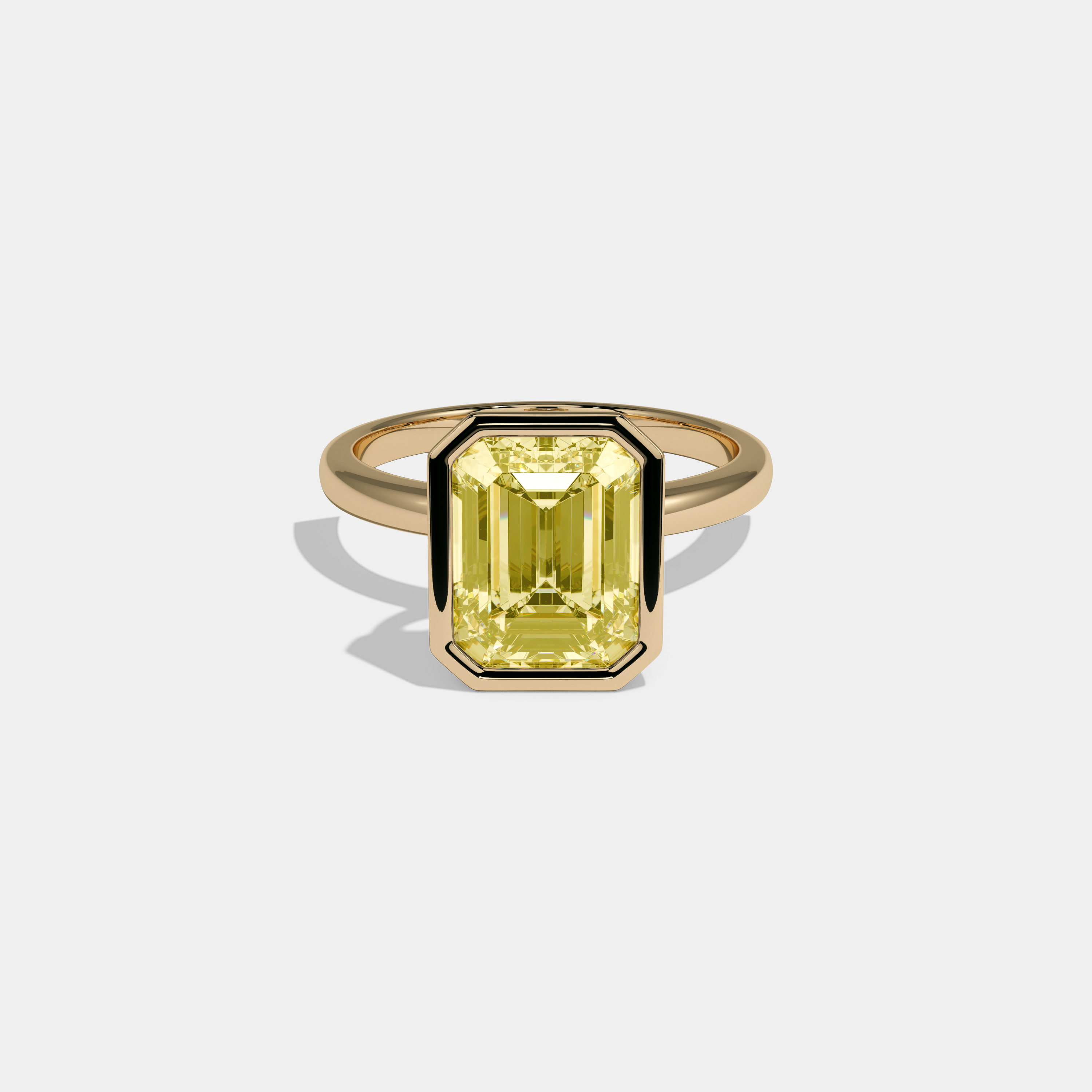 Victoria Fancy Yellow Emerald Cut Diamond Plain Band Bezel Engagement Ring 5ct 18K Yellow Gold