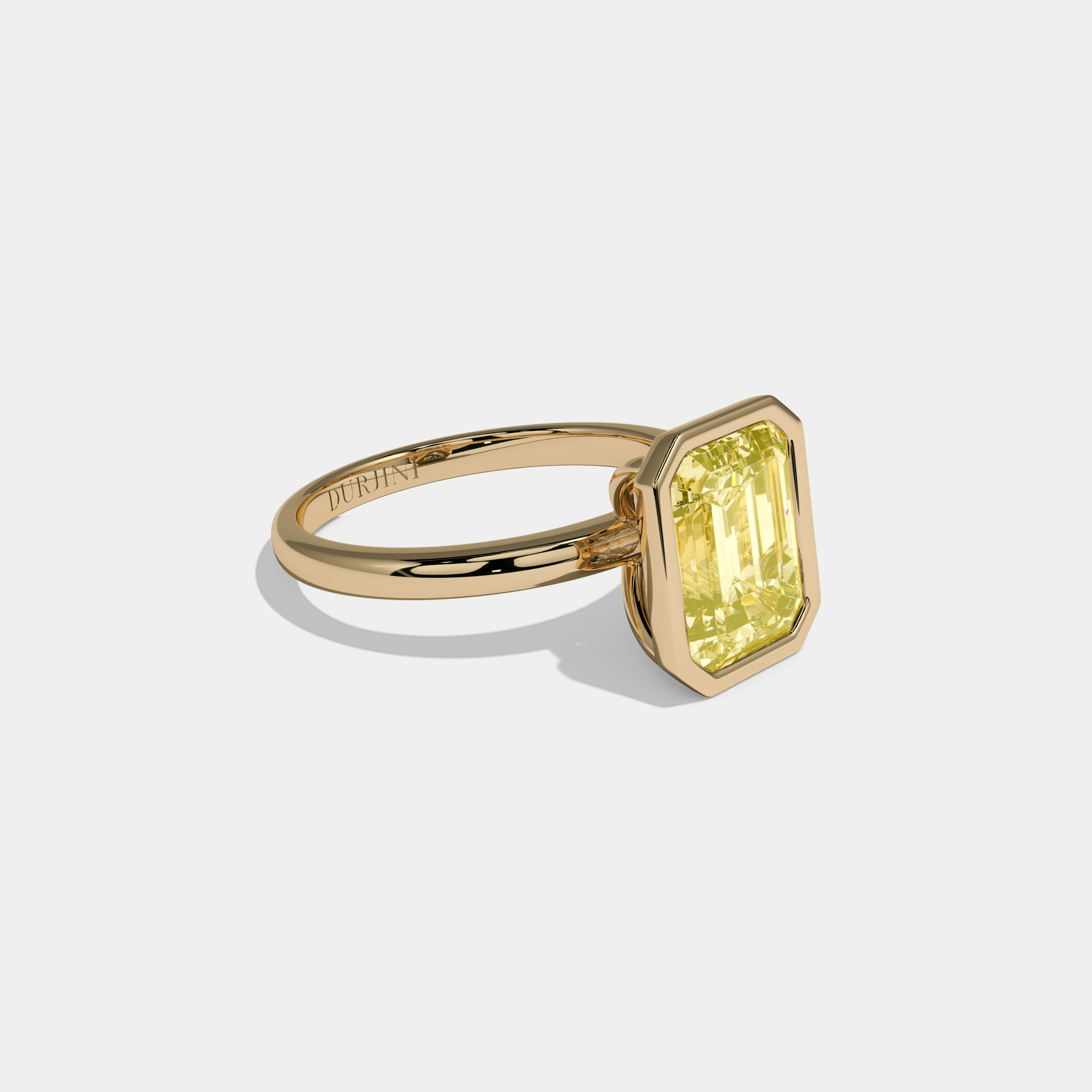 Victoria Fancy Yellow Emerald Cut Diamond Plain Band Bezel Engagement Ring 5ct 18K Yellow Gold