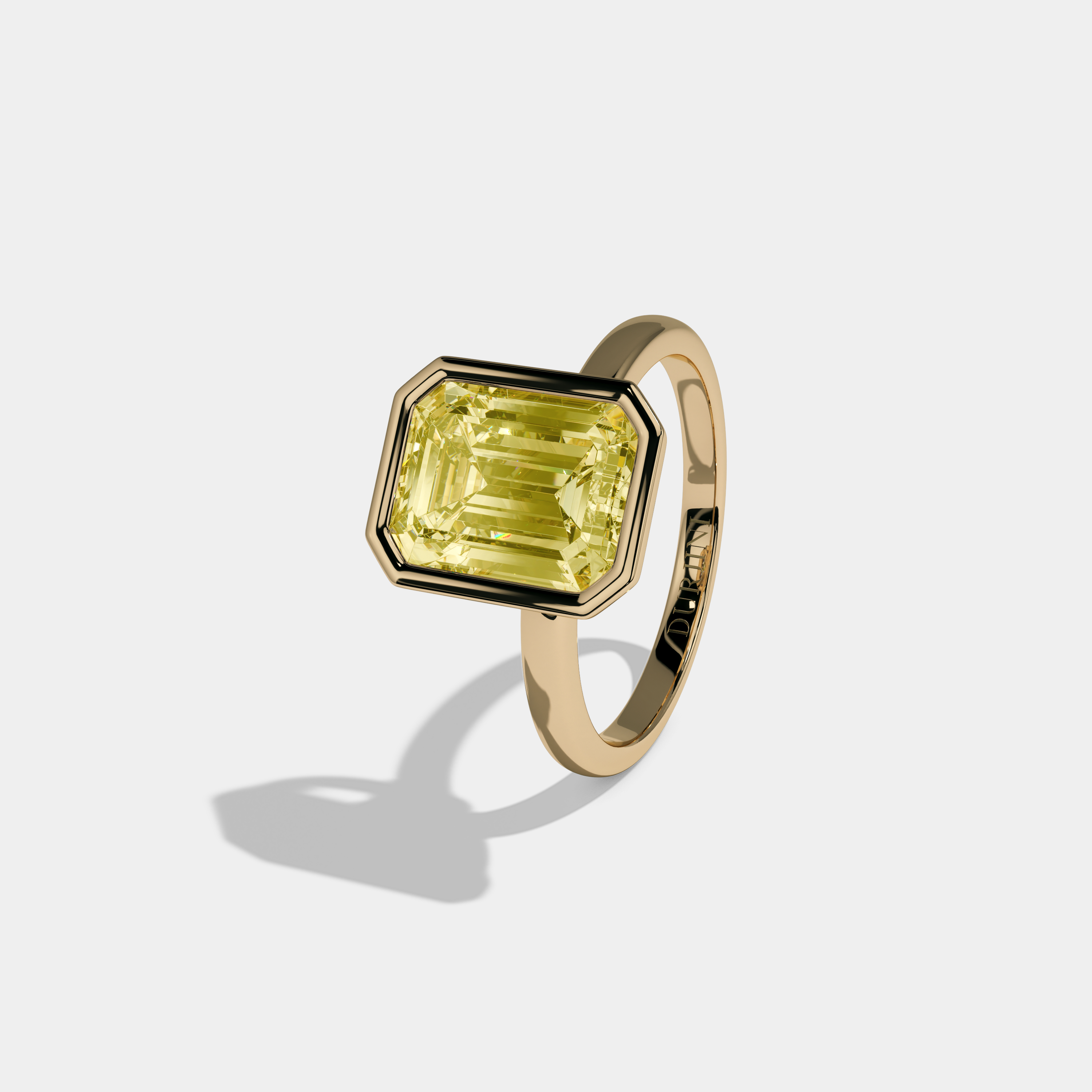 Victoria Fancy Yellow Emerald Cut Diamond Plain Band Bezel Engagement Ring 5ct 18K Yellow Gold