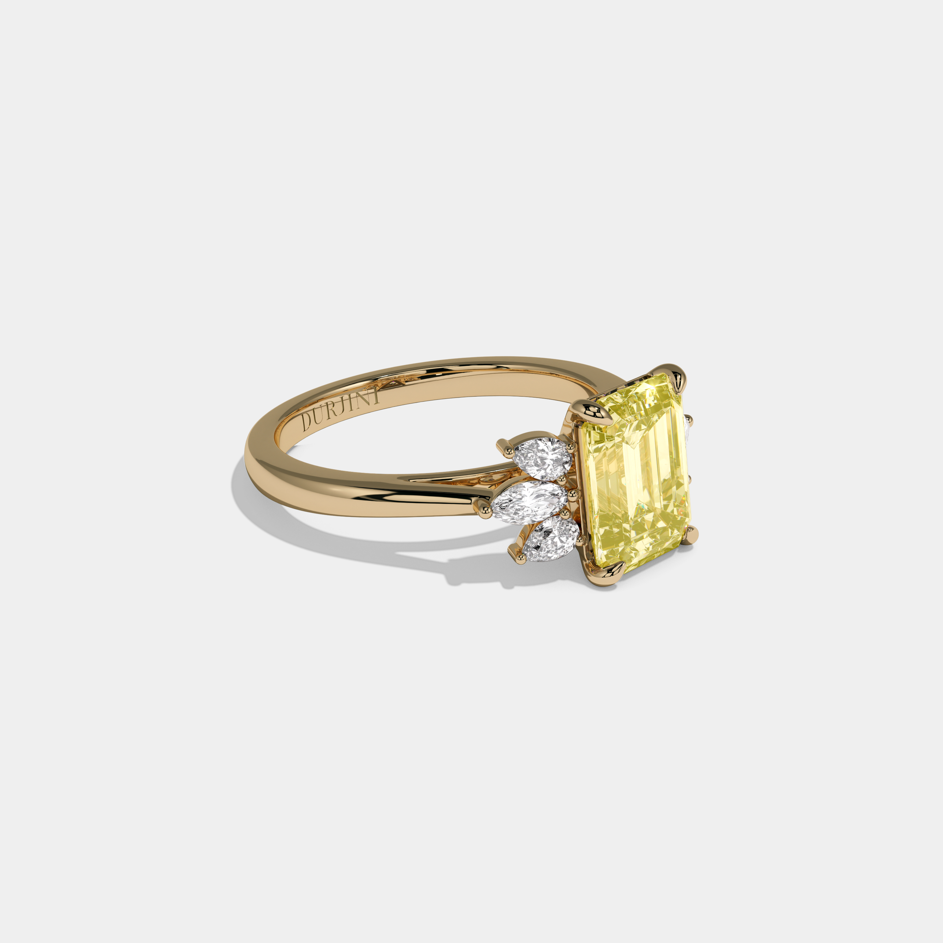 Victoria Fancy Yellow Emerald Cut Diamond Plain Band With Marquise Cut Sides Engagement Ring 6ct 18K Yellow Gold