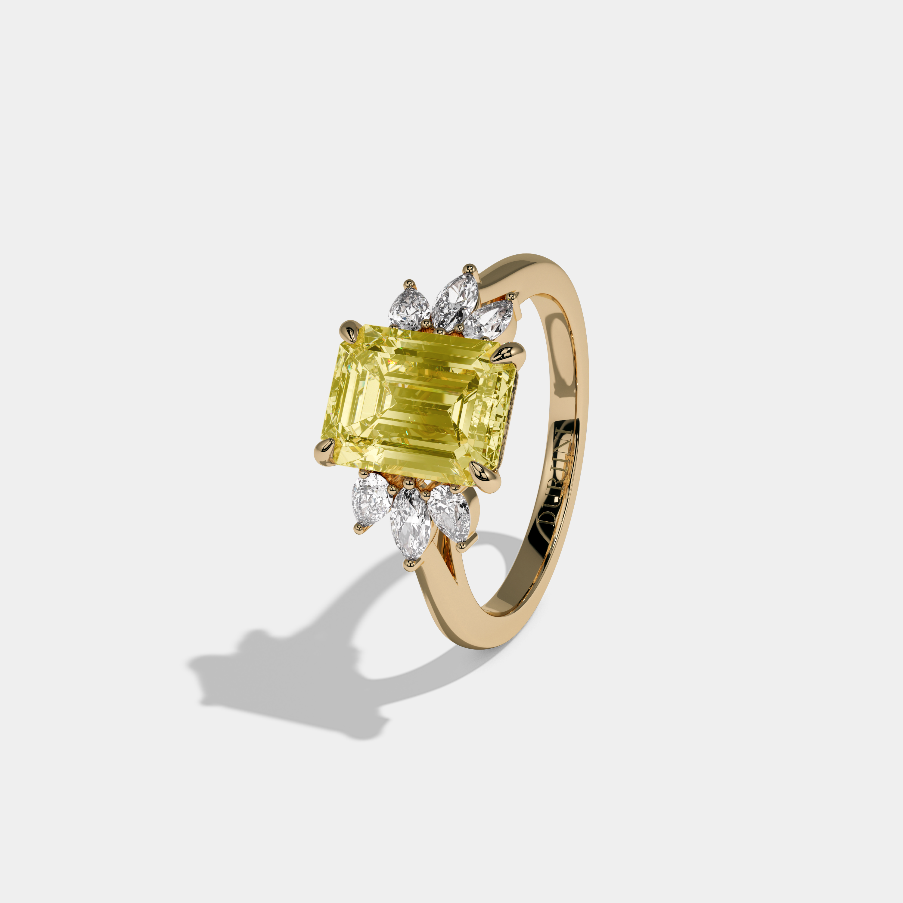 Victoria Fancy Yellow Emerald Cut Diamond Plain Band With Marquise Cut Sides Engagement Ring 6ct 18K Yellow Gold