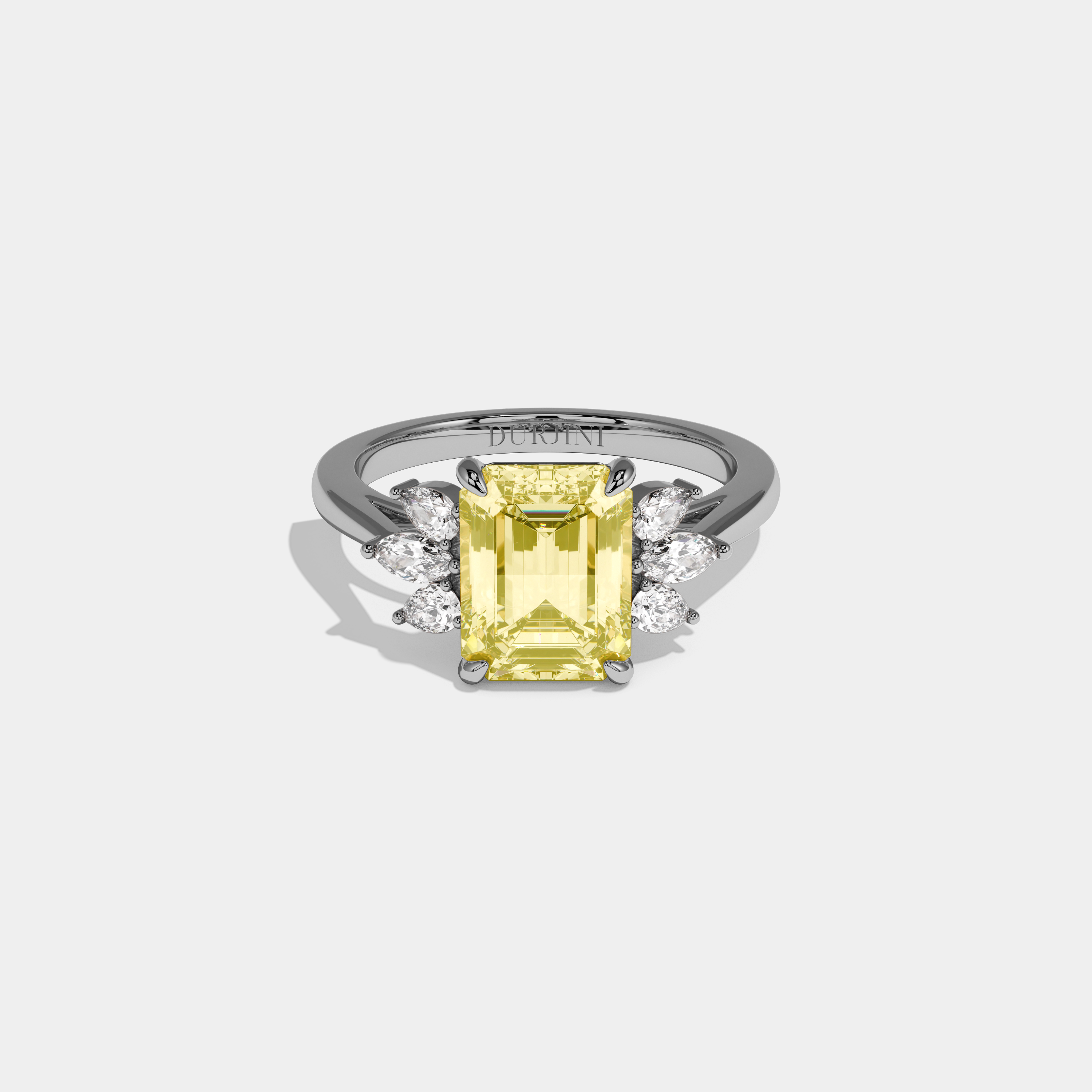 Bonnie Fancy Yellow Emerald Cut Diamond Plain Band With Marquise Cut Sides Engagement Ring 6ct 18K White Gold
