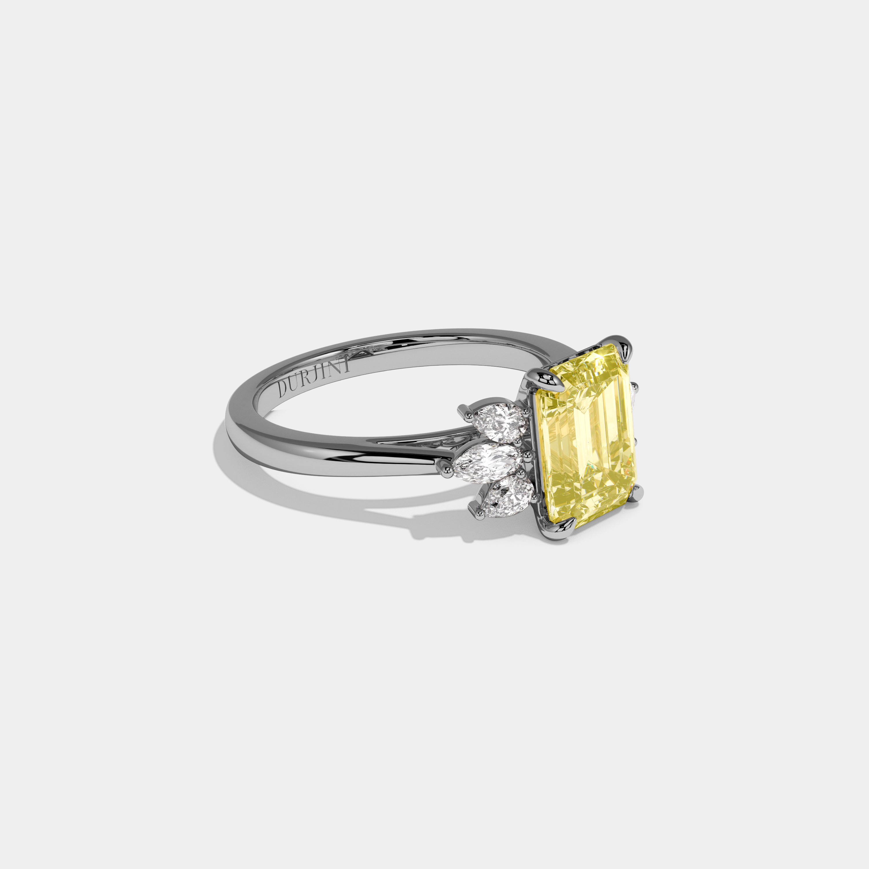 Bonnie Fancy Yellow Emerald Cut Diamond Plain Band With Marquise Cut Sides Engagement Ring 6ct 18K White Gold