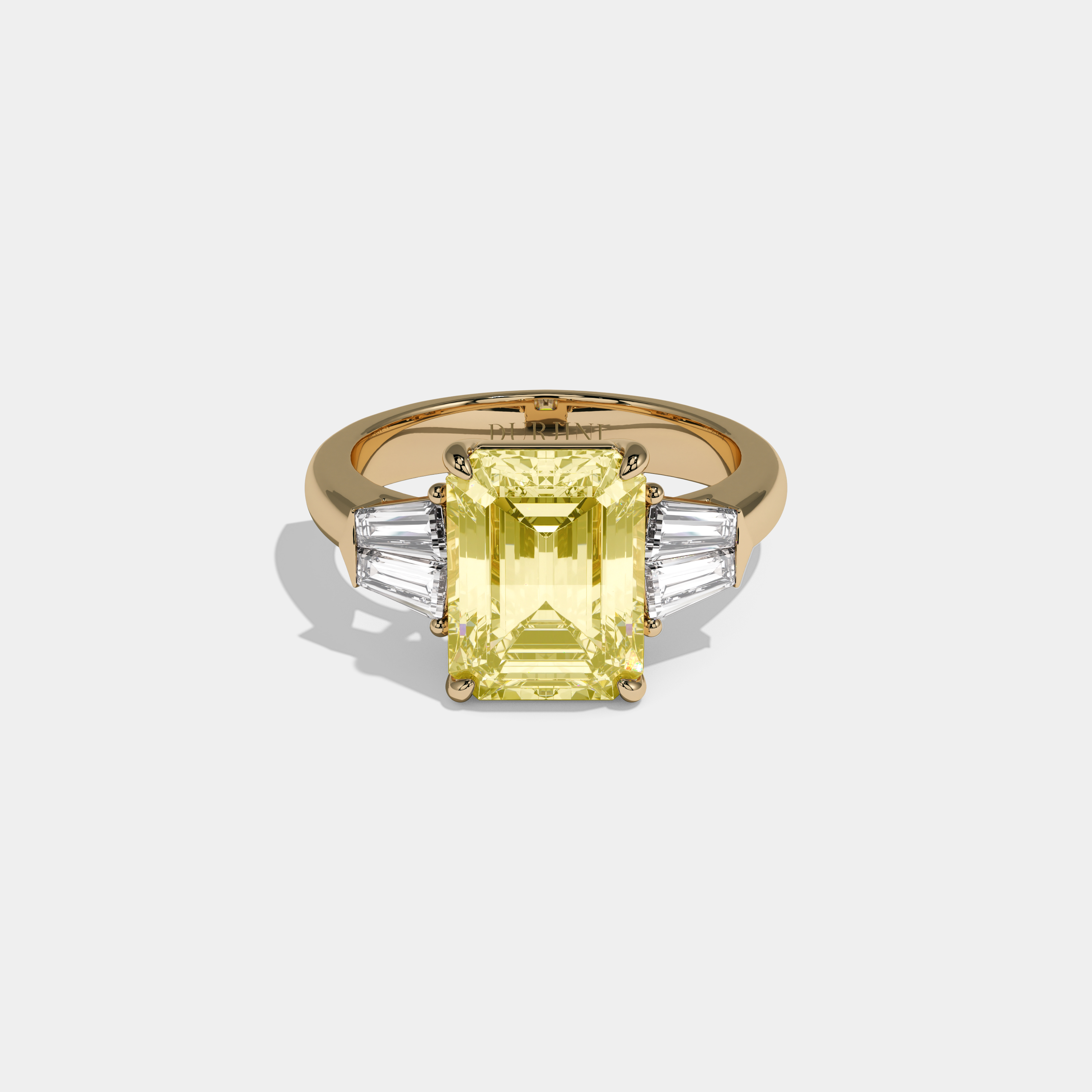Victoria Fancy Yellow Emerald Cut Diamond Plain Band With Baguette Sides Engagement Ring 6ct 18K Yellow Gold