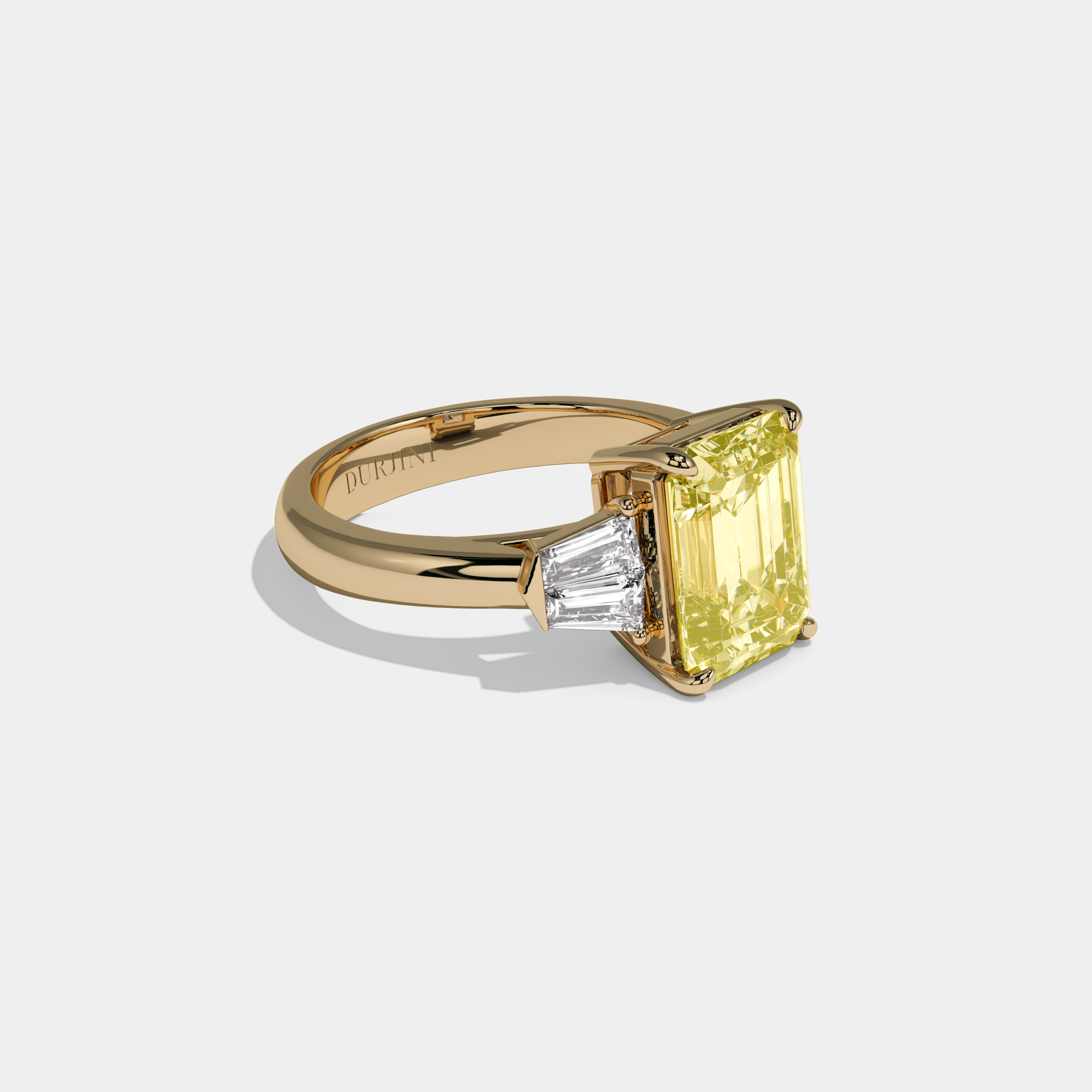 Victoria Fancy Yellow Emerald Cut Diamond Plain Band With Baguette Sides Engagement Ring 6ct 18K Yellow Gold