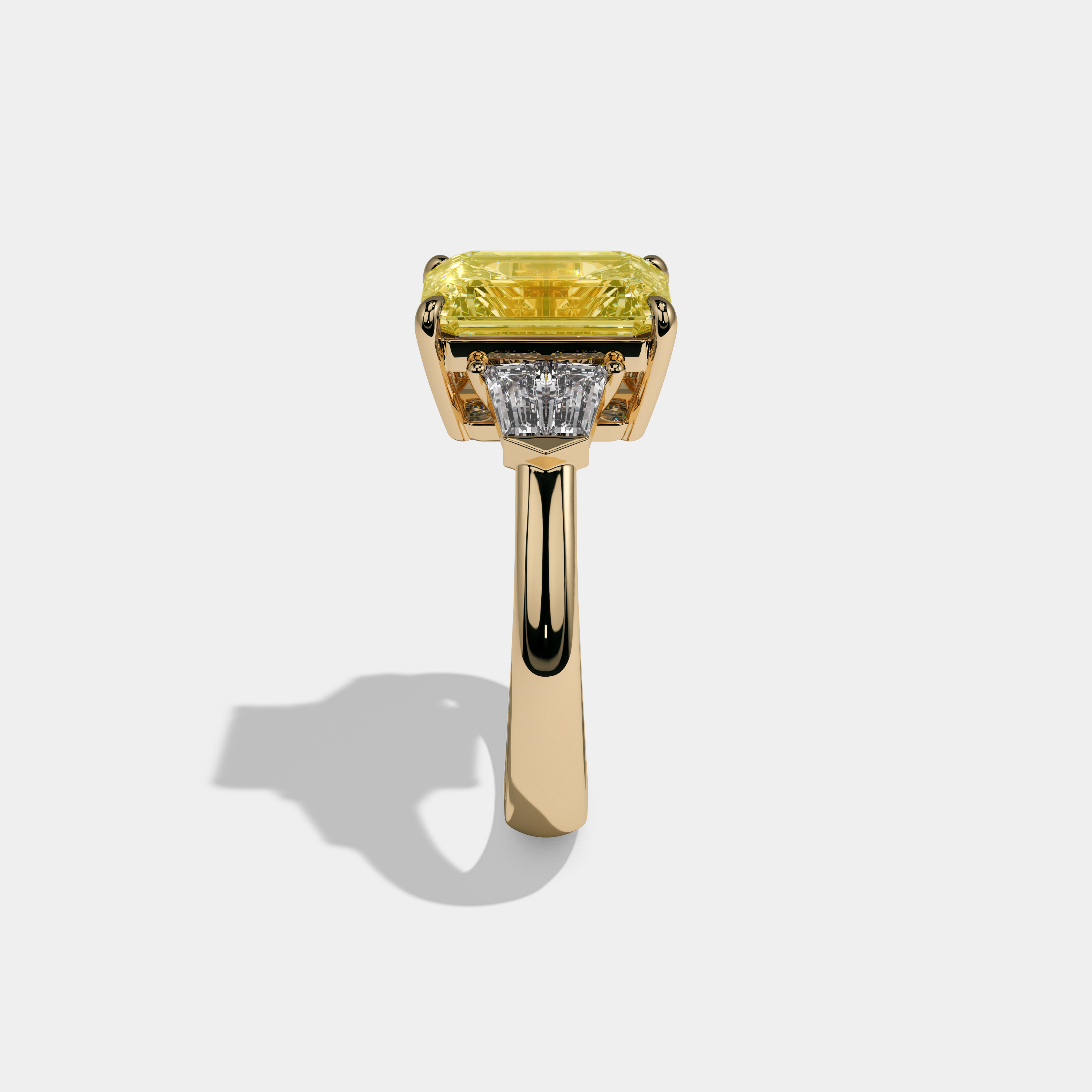 Victoria Fancy Yellow Emerald Cut Diamond Plain Band With Baguette Sides Engagement Ring 6ct 18K Yellow Gold