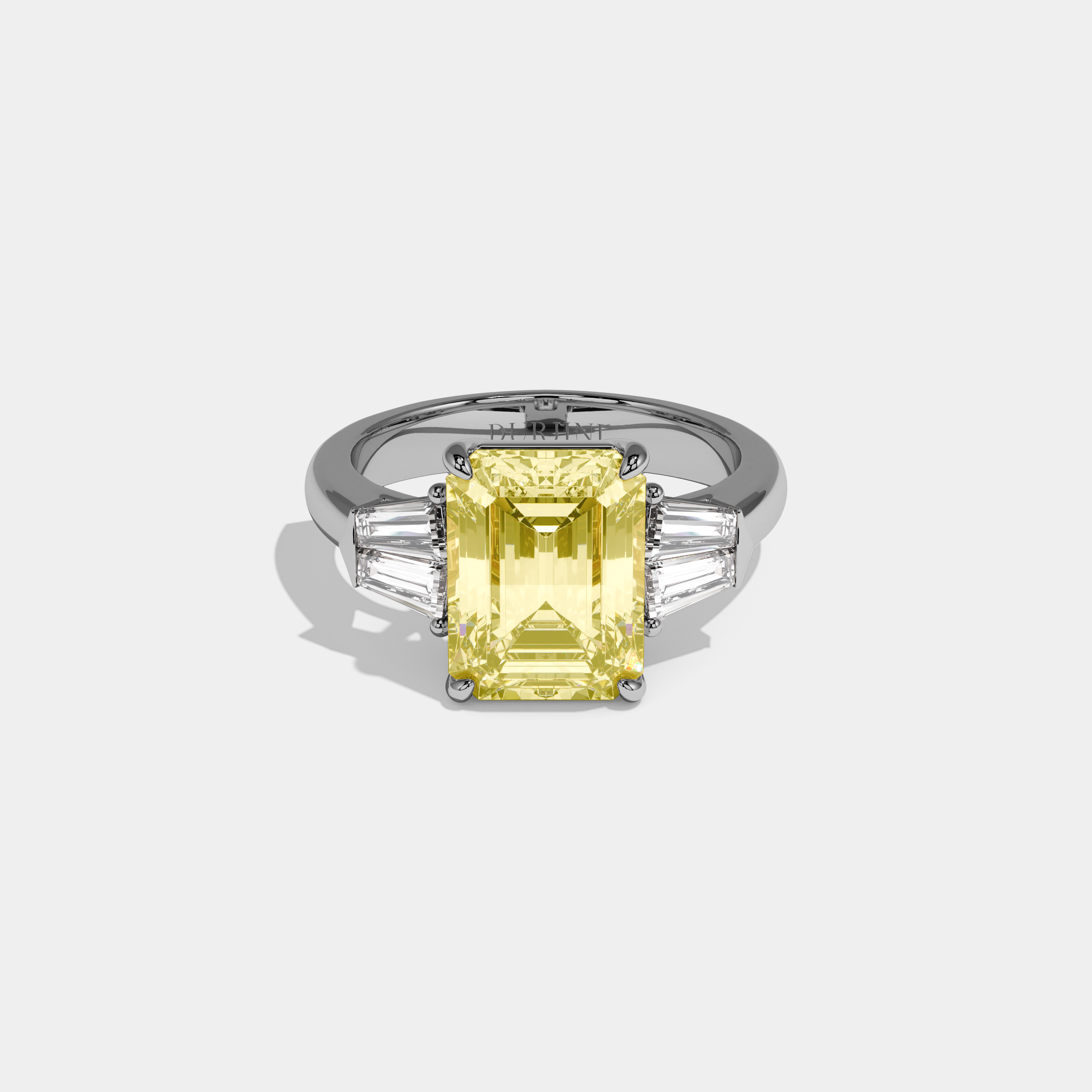 Henrietta Fancy Yellow Emerald Cut Diamond Plain Band With Baguette Sides Engagement Ring 6ct 18K White Gold