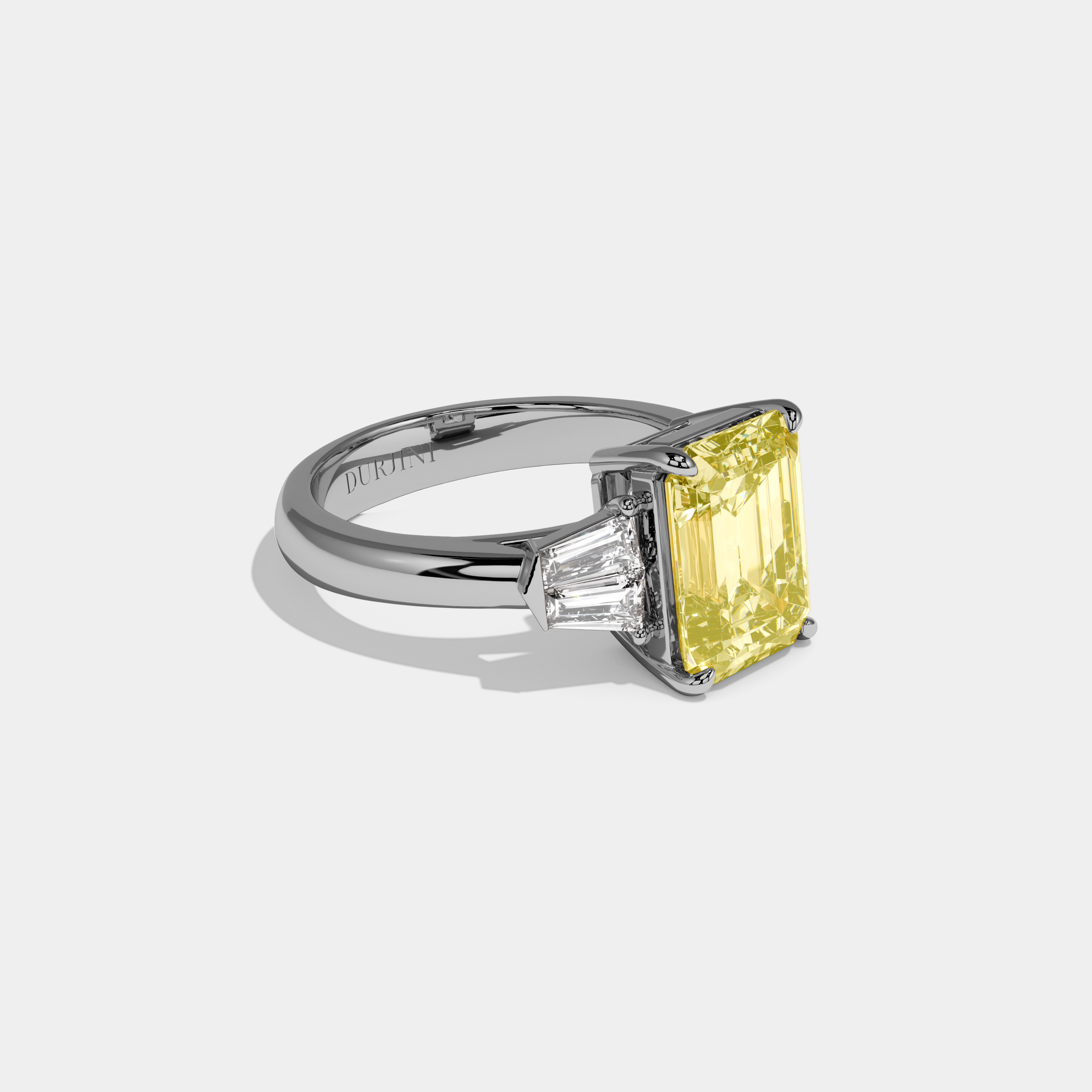 Henrietta Fancy Yellow Emerald Cut Diamond Plain Band With Baguette Sides Engagement Ring 6ct 18K White Gold