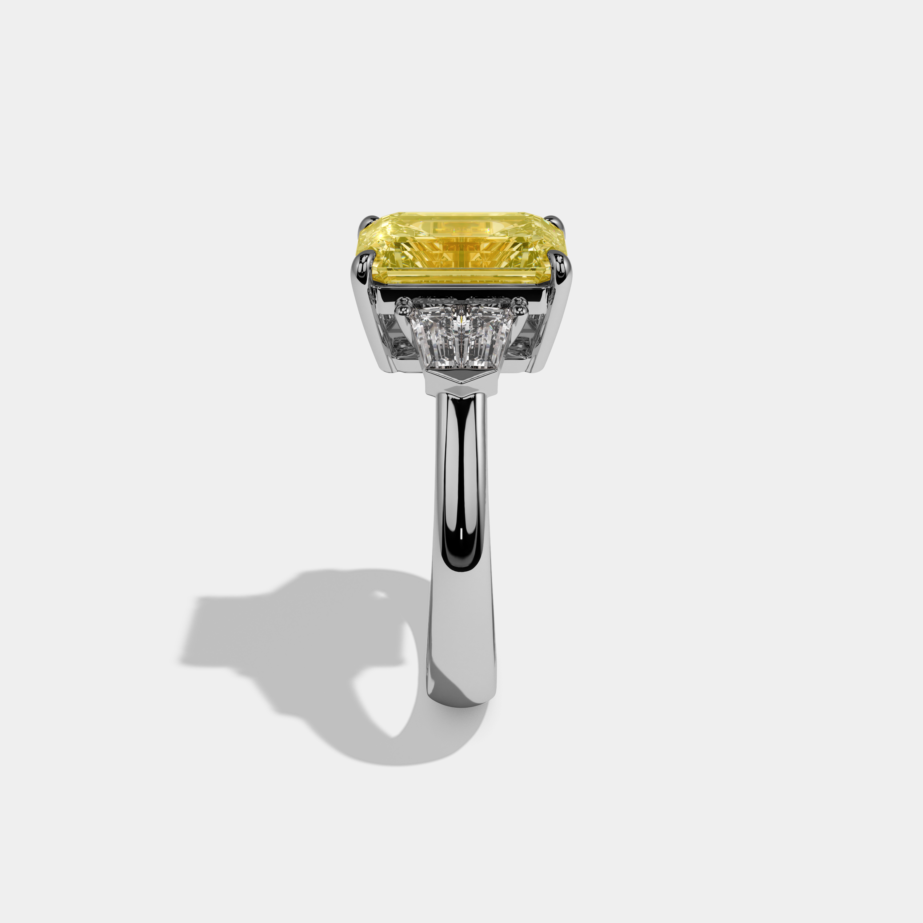 Henrietta Fancy Yellow Emerald Cut Diamond Plain Band With Baguette Sides Engagement Ring 6ct 18K White Gold