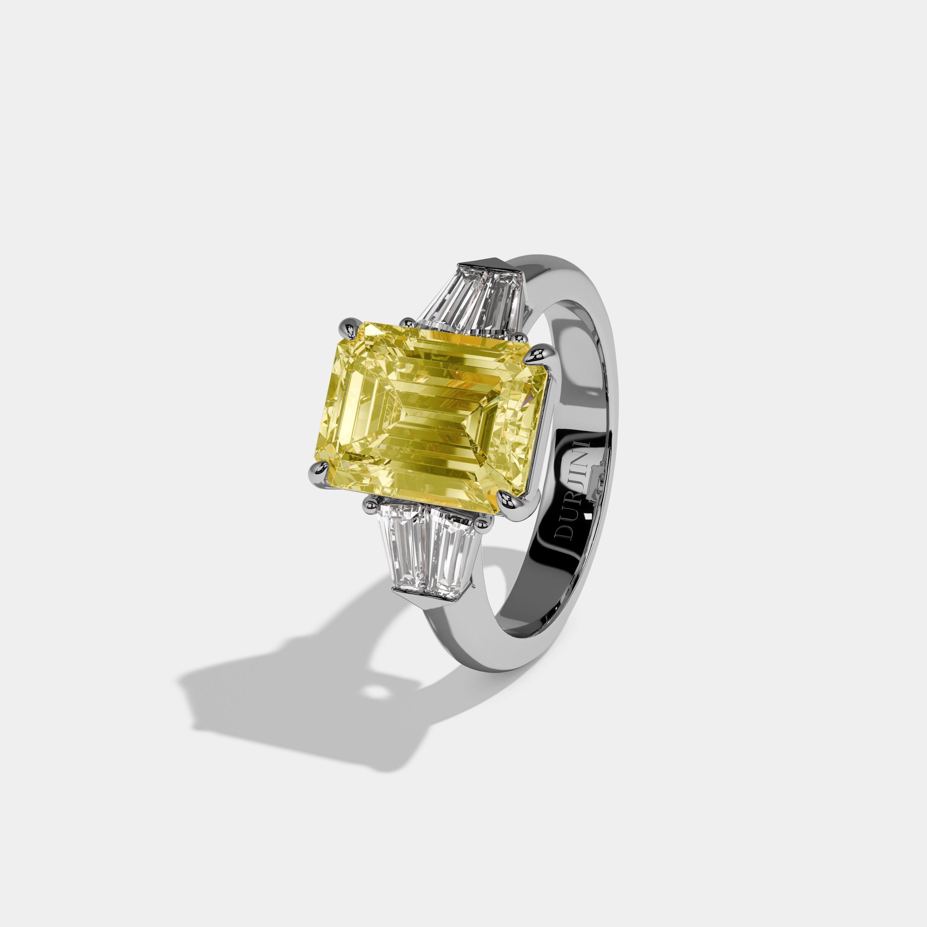 Henrietta Fancy Yellow Emerald Cut Diamond Plain Band With Baguette Sides Engagement Ring 6ct 18K White Gold