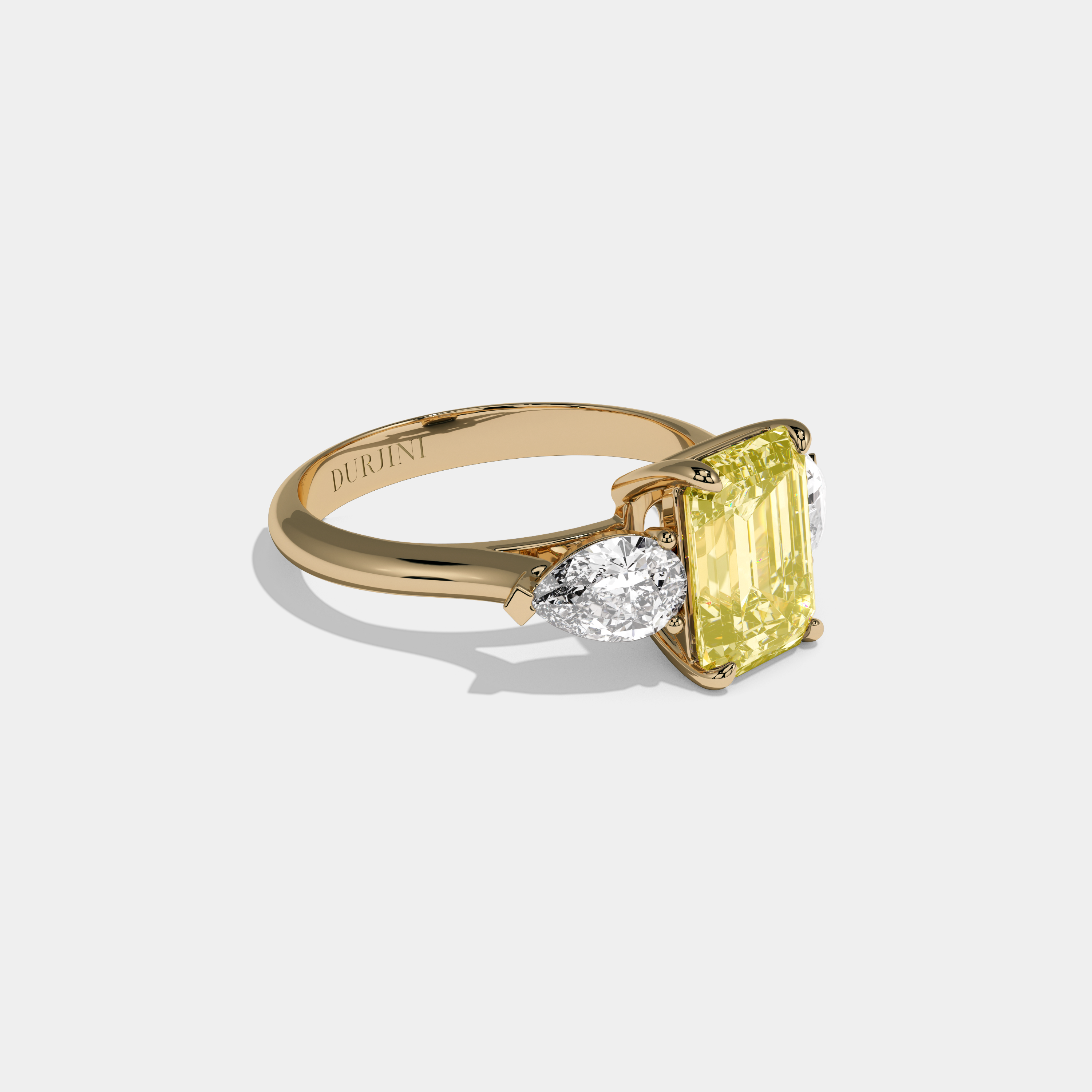 Seraphina Fancy Yellow Emerald Cut Diamond Plain Band With Pear Cut Sides Engagement Ring 6ct 18K Yellow Gold
