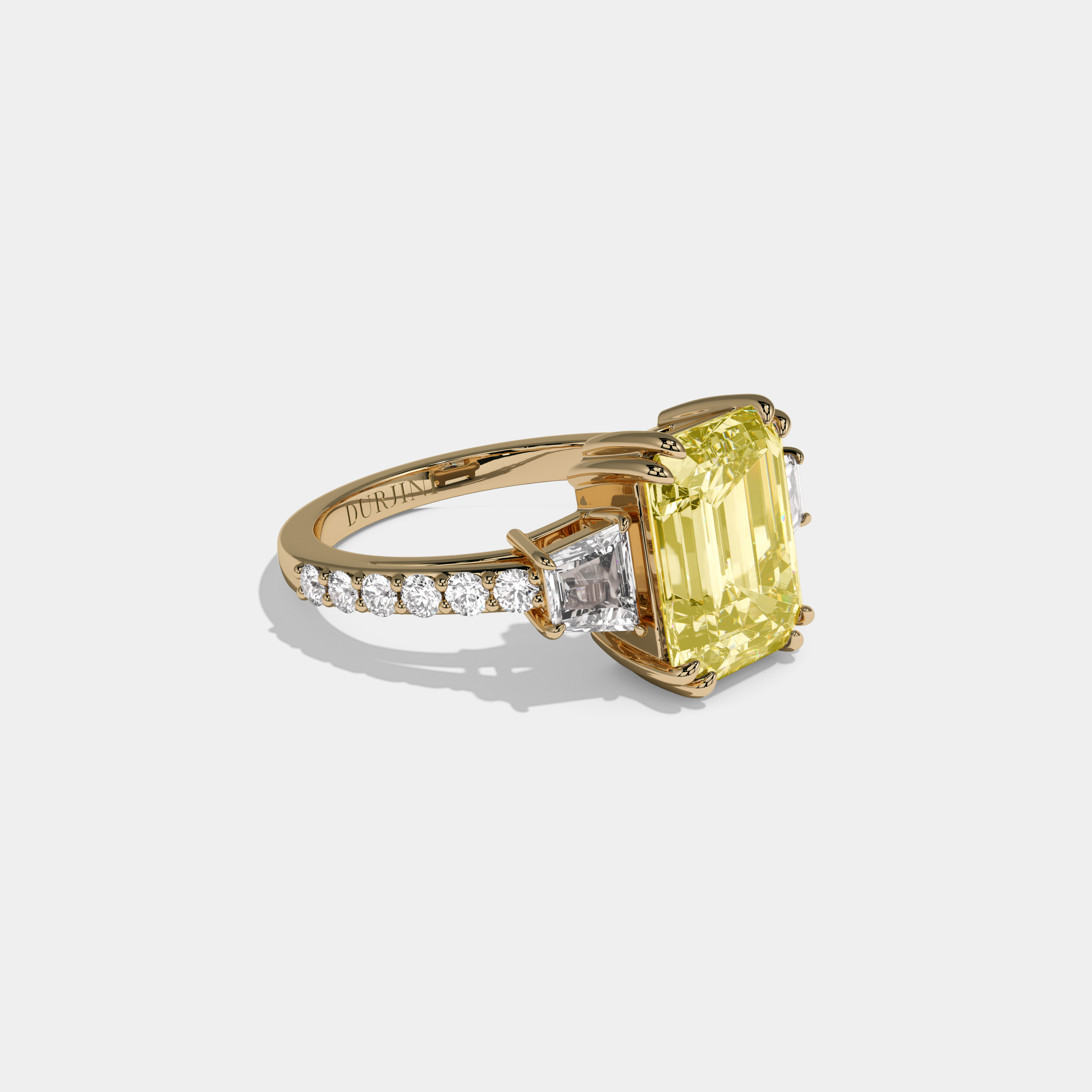 Victoria Fancy Yellow Emerald Cut Diamond Band With Step Cut Sides Engagement Ring 7ct 18K Yellow Gold