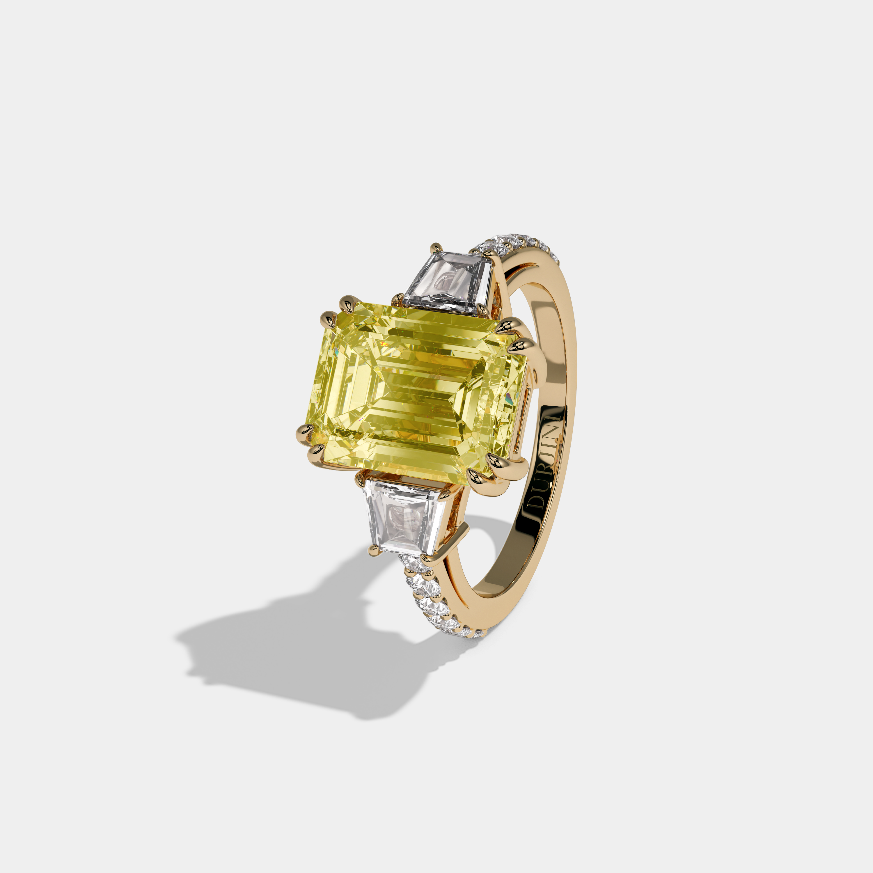Victoria Fancy Yellow Emerald Cut Diamond Band With Step Cut Sides Engagement Ring 7ct 18K Yellow Gold