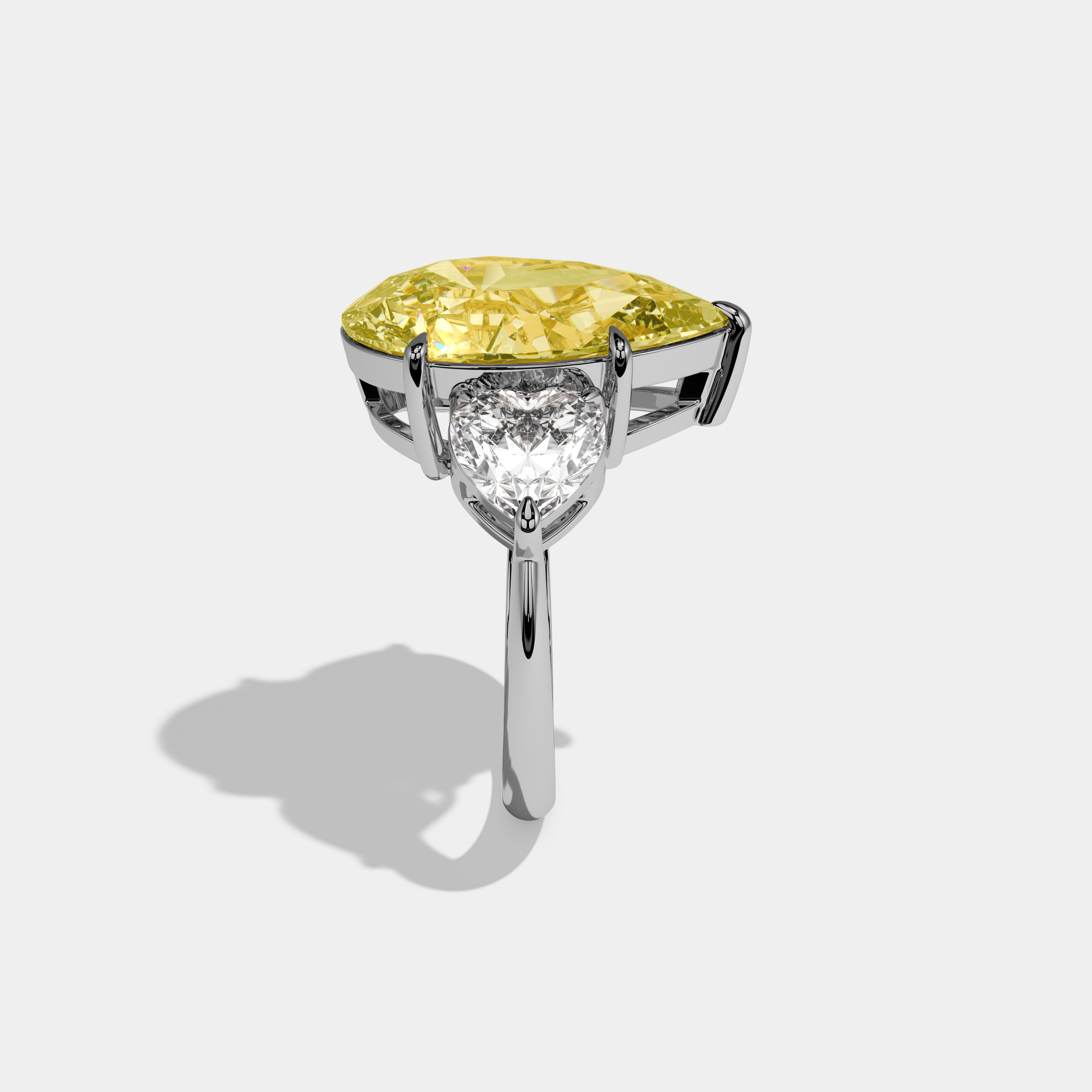 Honor Fancy Yellow Pear Cut Diamond Plain Band With Heart Cut Sides Engagement Ring 6ct 18K White Gold