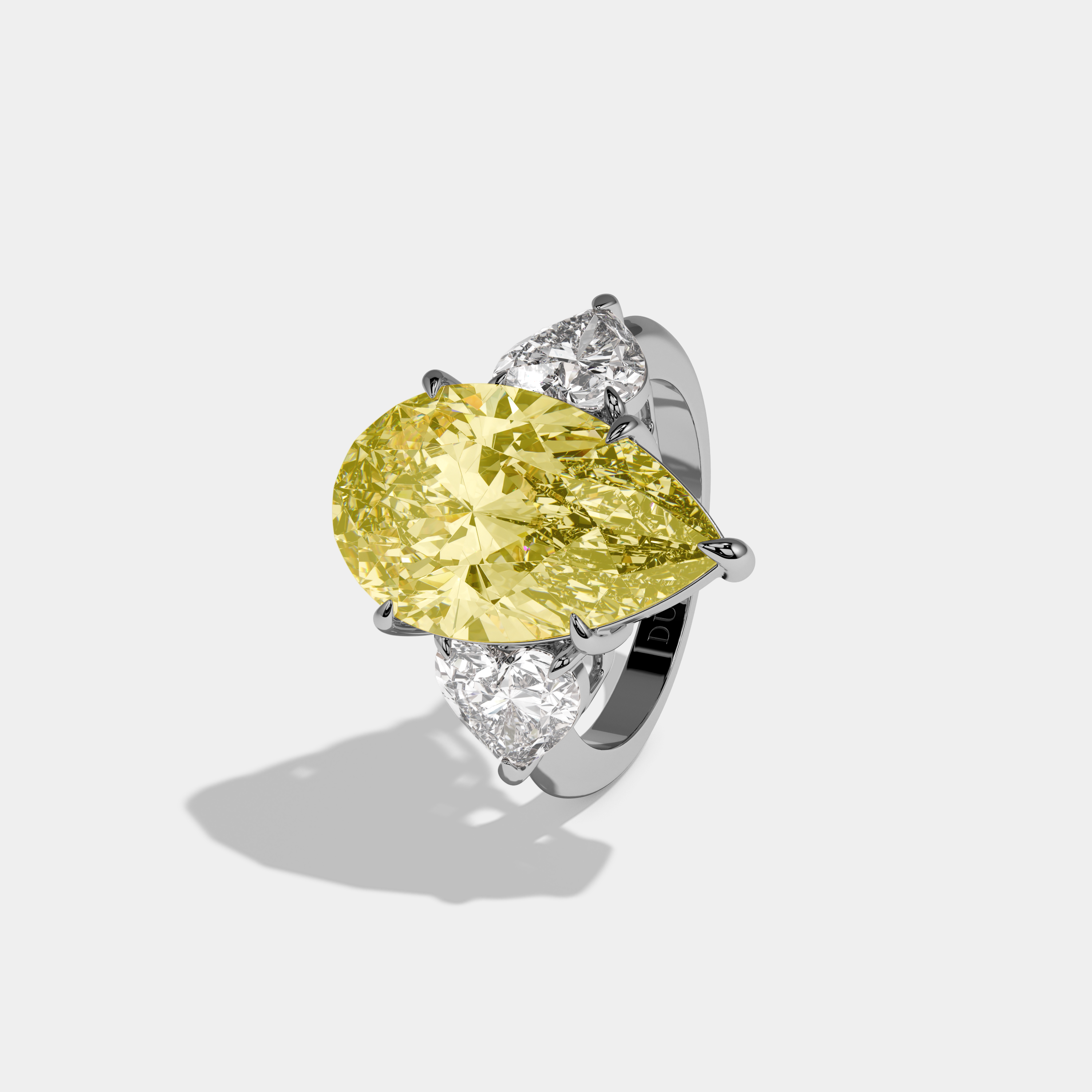 Honor Fancy Yellow Pear Cut Diamond Plain Band With Heart Cut Sides Engagement Ring 6ct 18K White Gold