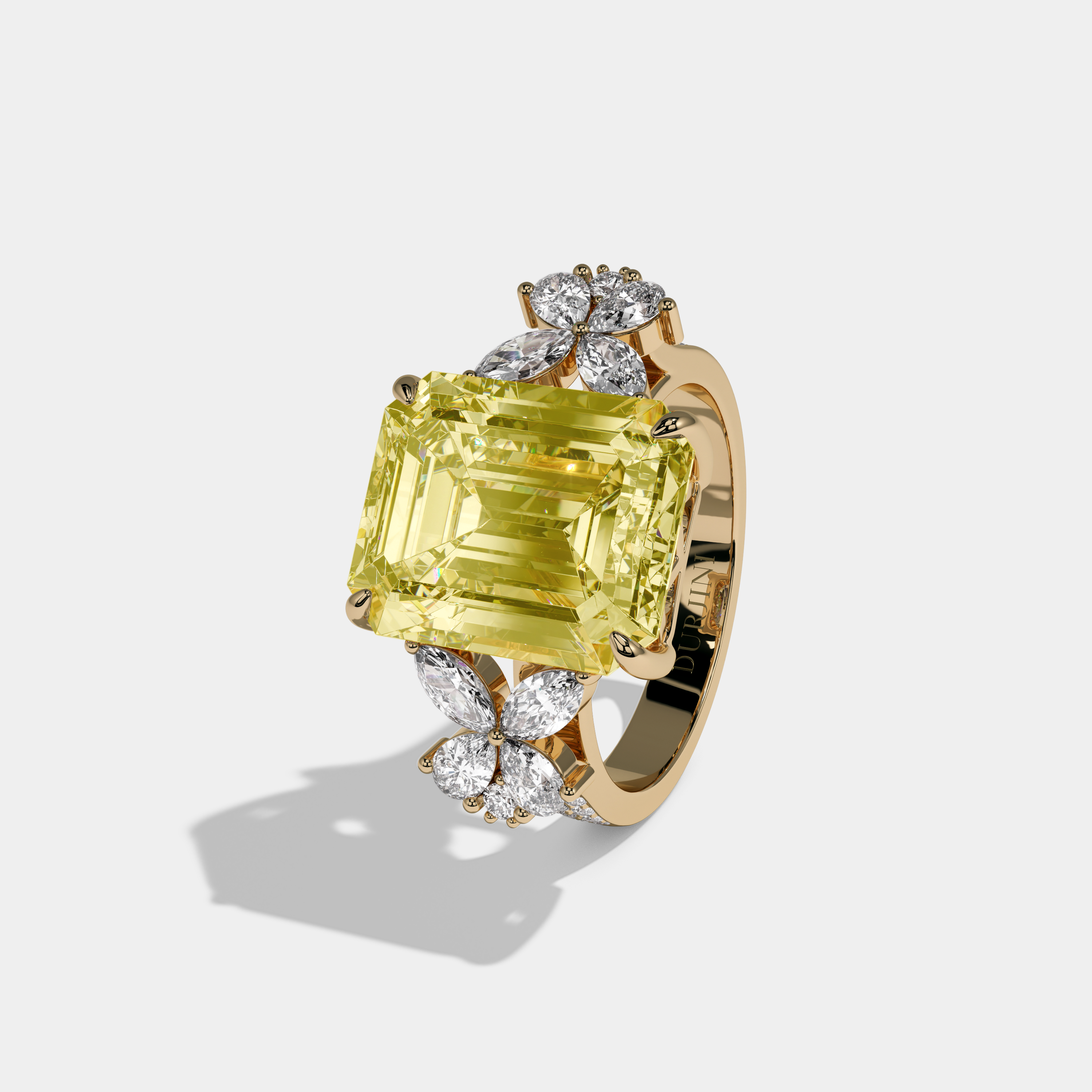 Arabella Fancy Yellow Emerald Cut Diamond Band Engagement Ring With Butterfly Sides 9ct 18K Yellow Gold