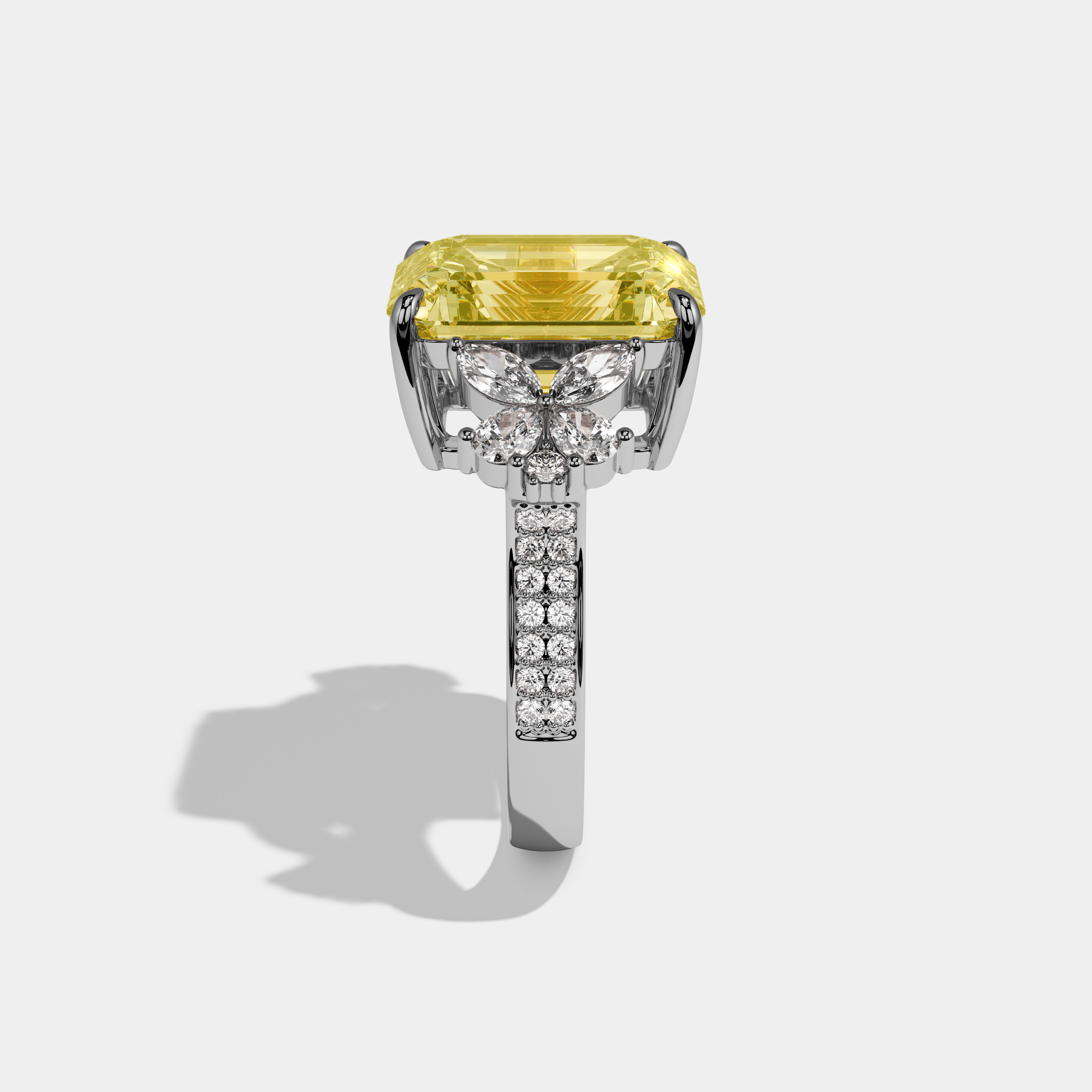 Martha Fancy Yellow Emerald Cut Diamond Band Engagement Ring With Butterfly Sides 9ct 18K White Gold