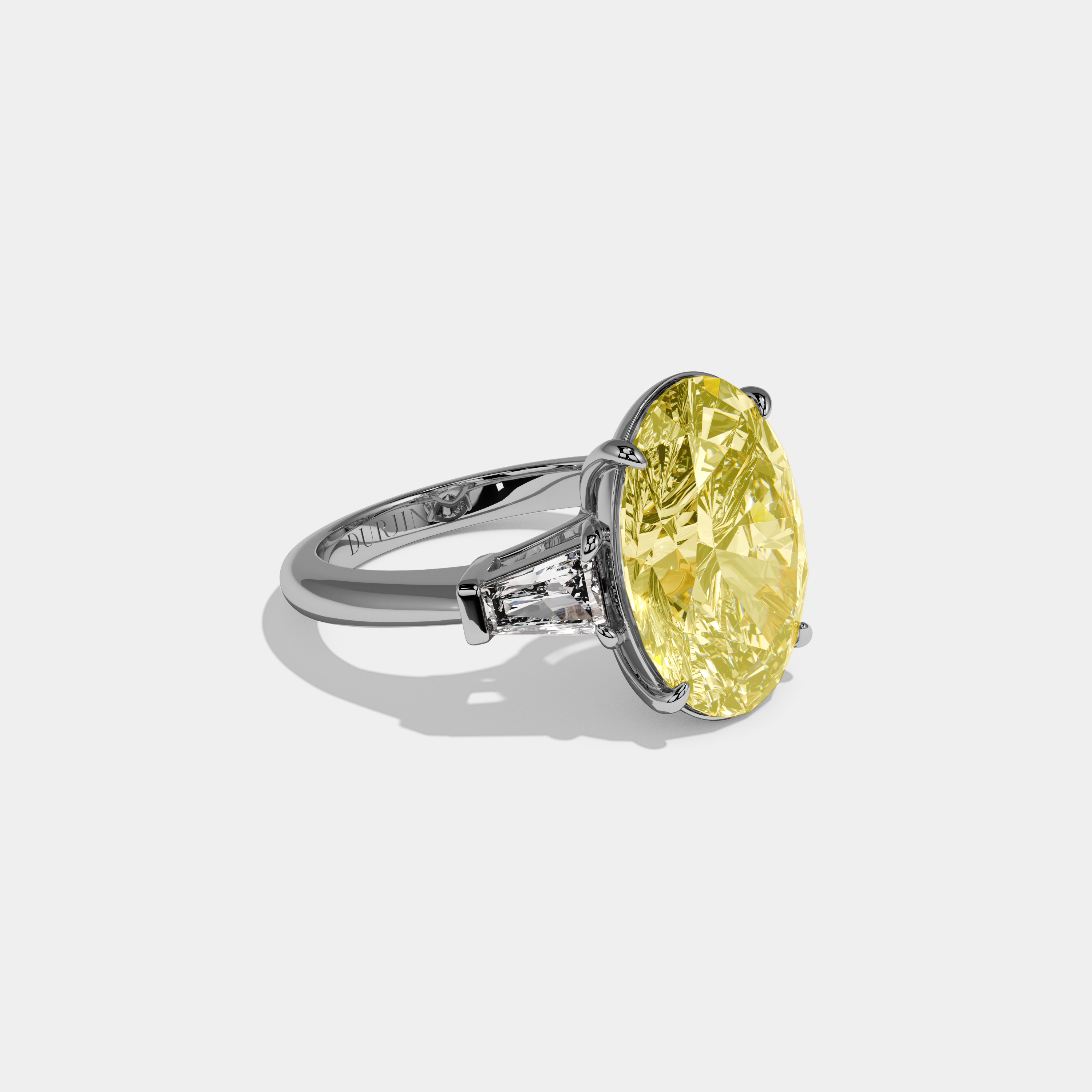 Annabel Fancy Yellow Oval Cut Diamond Plain Band With Tapered Baguette Cut Sides Engagement Ring 8ct 18K White Gold