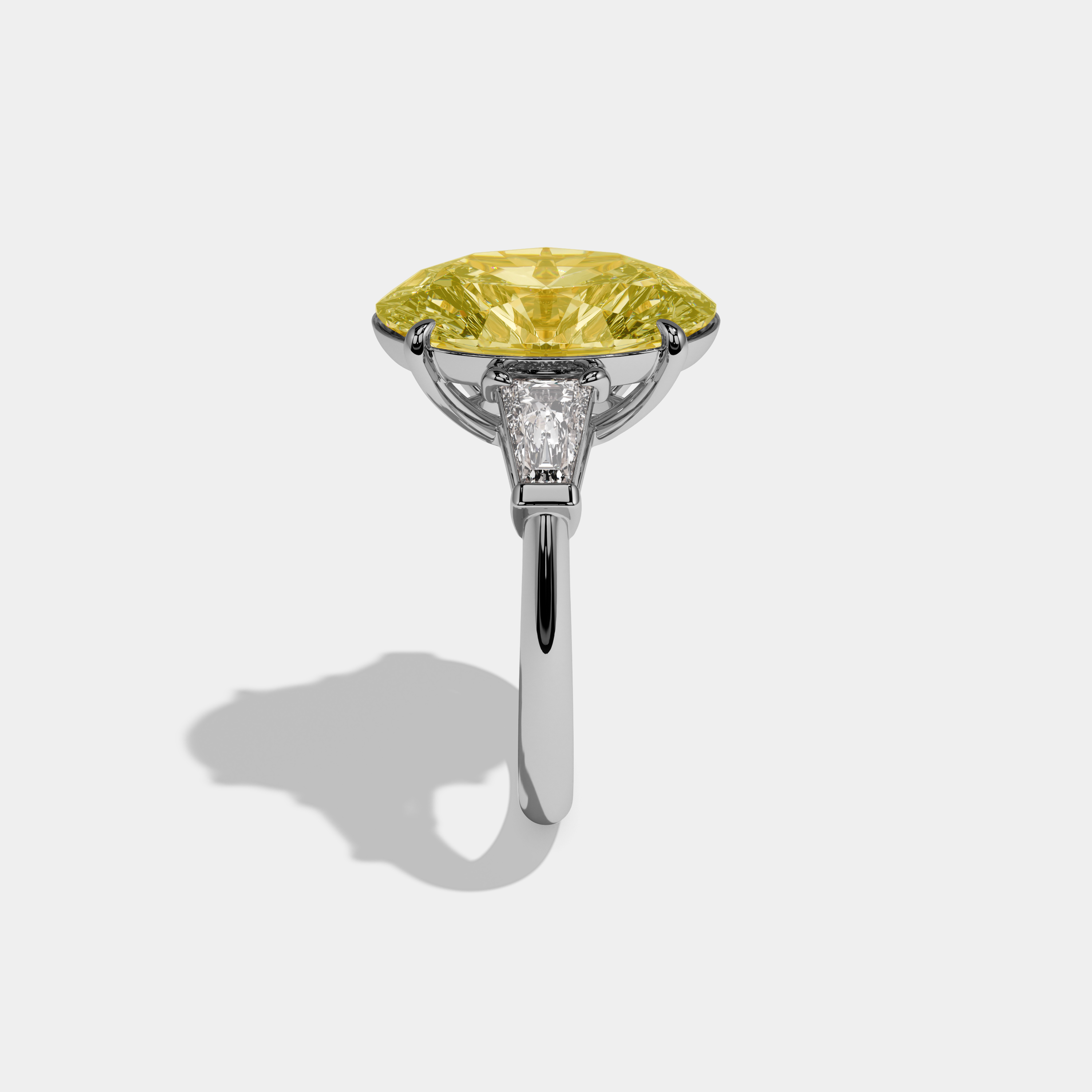 Annabel Fancy Yellow Oval Cut Diamond Plain Band With Tapered Baguette Cut Sides Engagement Ring 8ct 18K White Gold