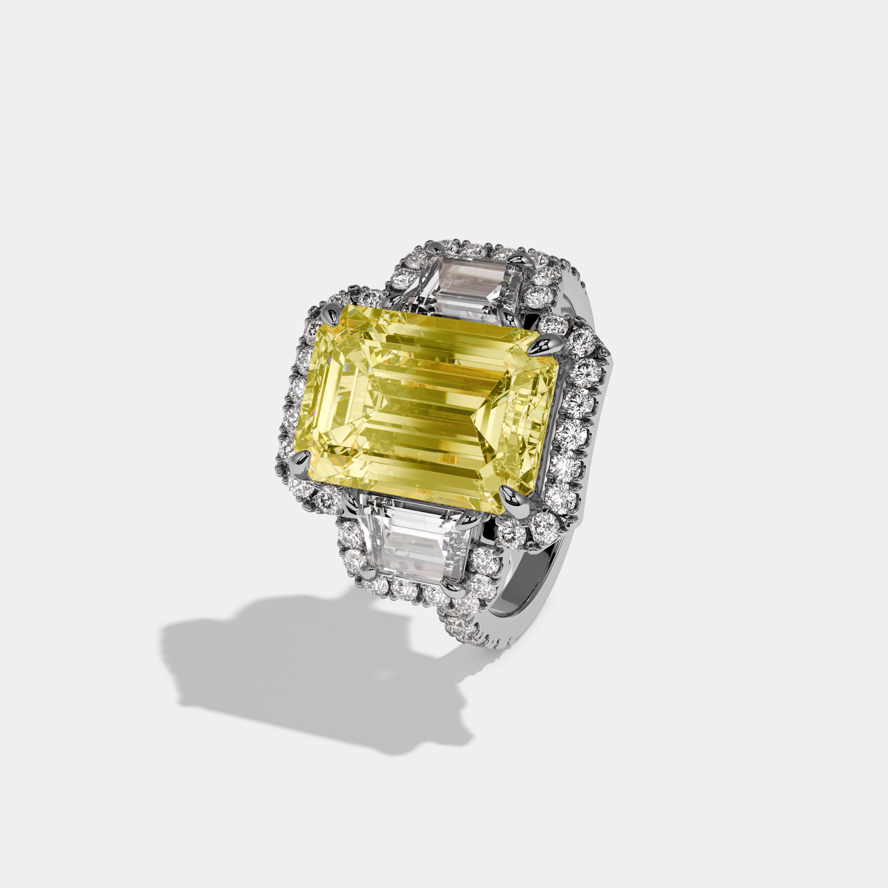 Honor Fancy Yellow Emerald Cut Diamond Band With Halo Engagement Ring 8ct 18K White Gold