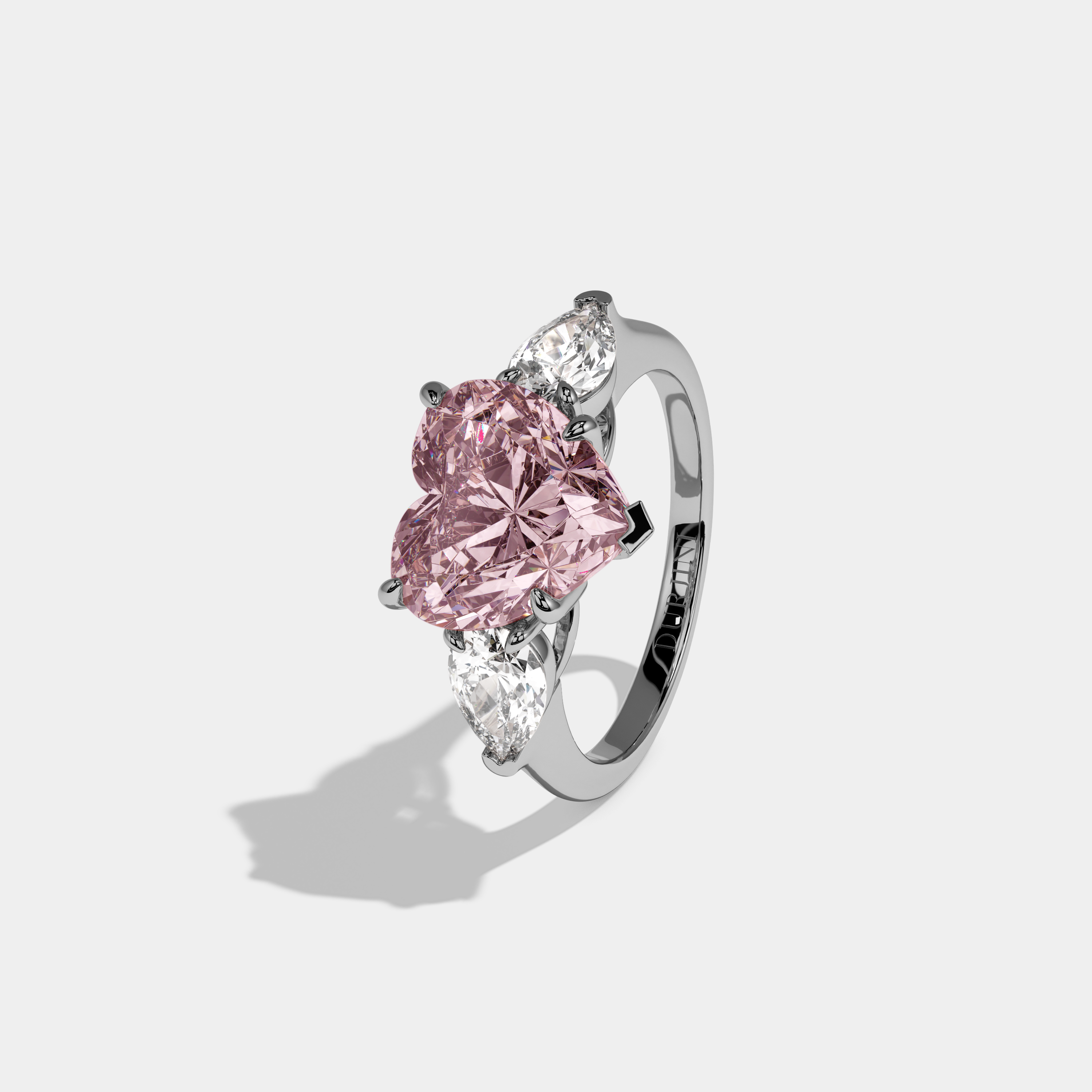 Beatrice Fancy Pink Heart Cut Diamond Plain Band With Pear Cut Sides Engagement Ring 8ct 18K White Gold