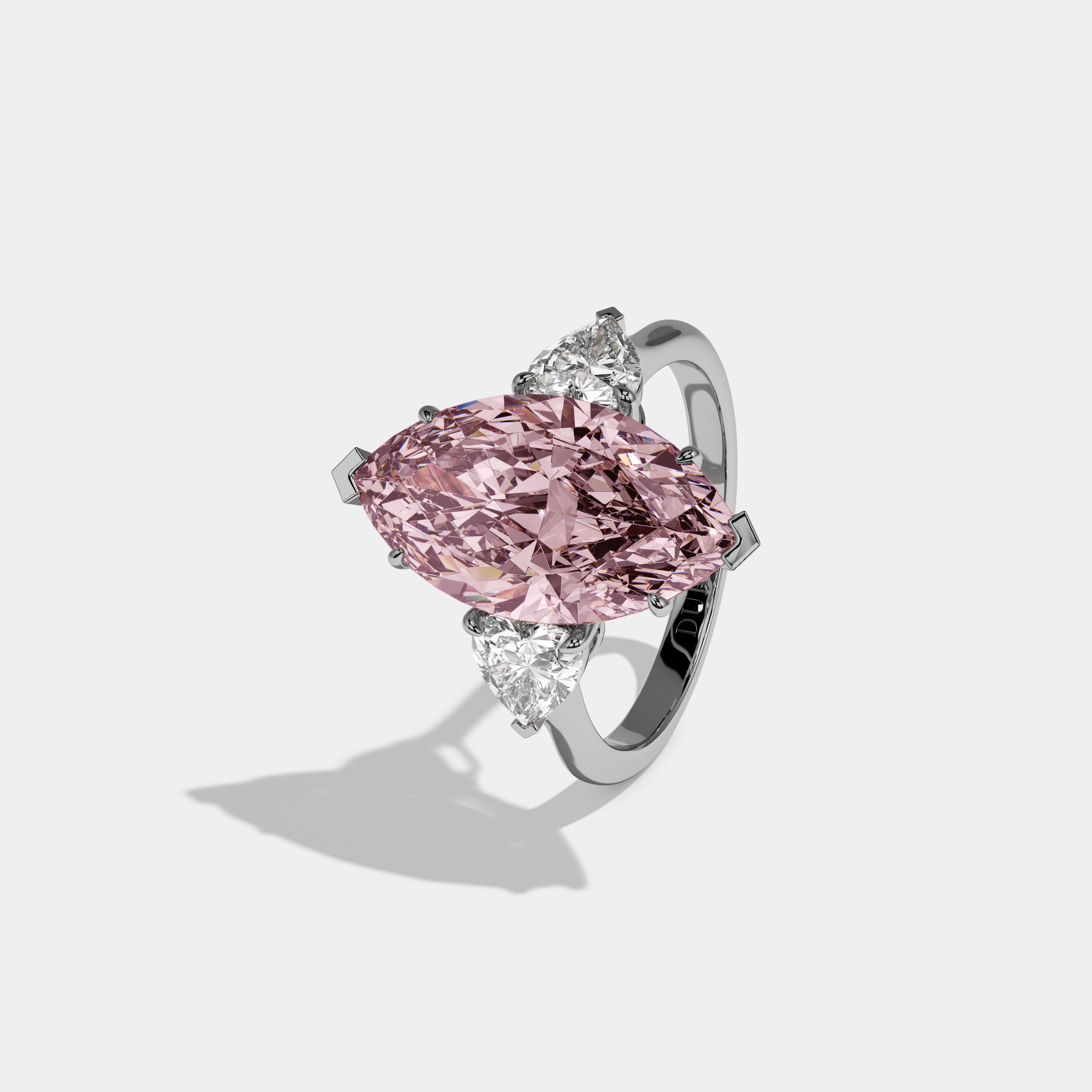 Beatrice Fancy Pink Marquise Cut Diamond Plain Band With Heart Cut Sides Engagement Ring 8ct 18K White Gold