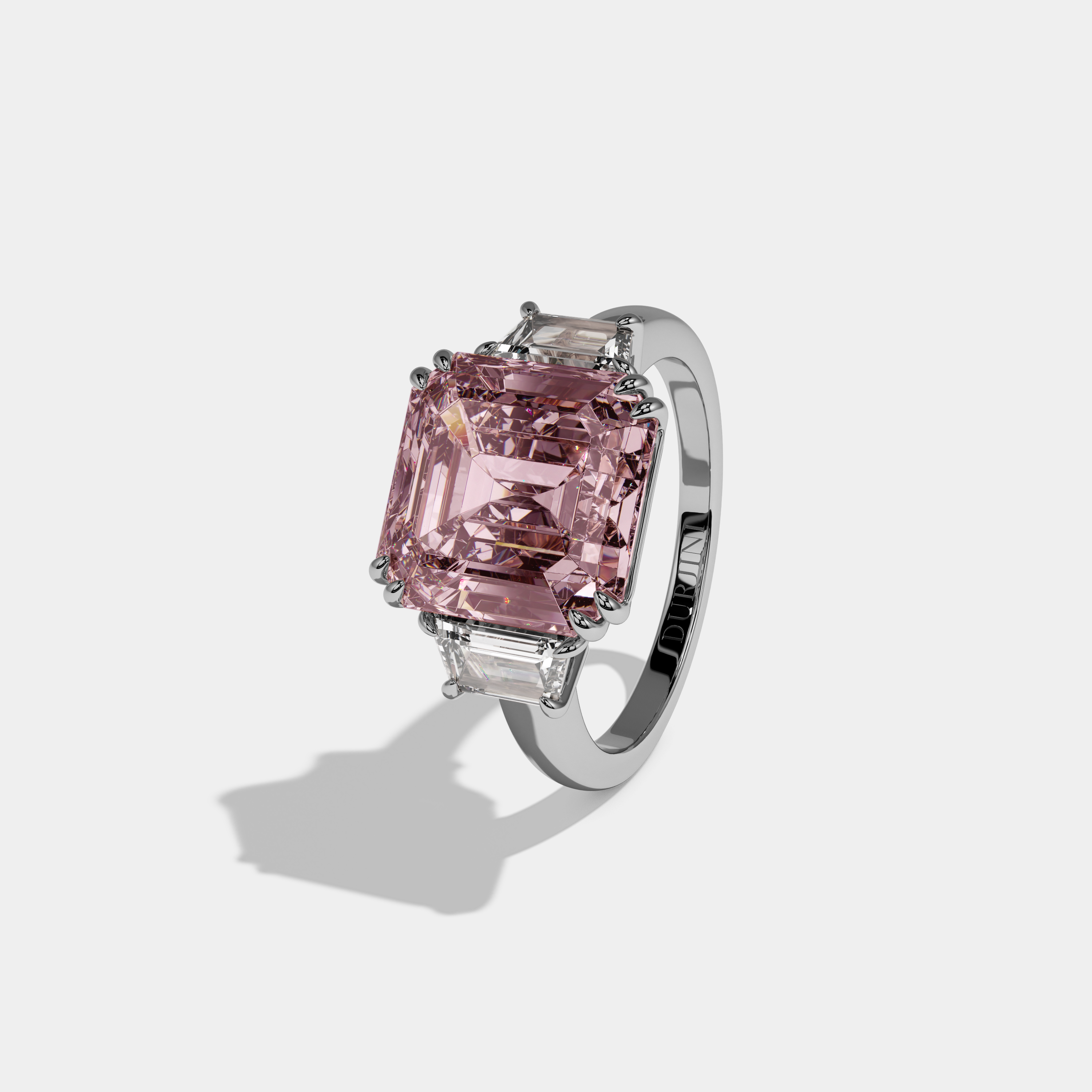 Beatrice Fancy Pink Asscher Cut Diamond Plain Band With Step Cut Sides Engagement Ring 8ct 18K White Gold