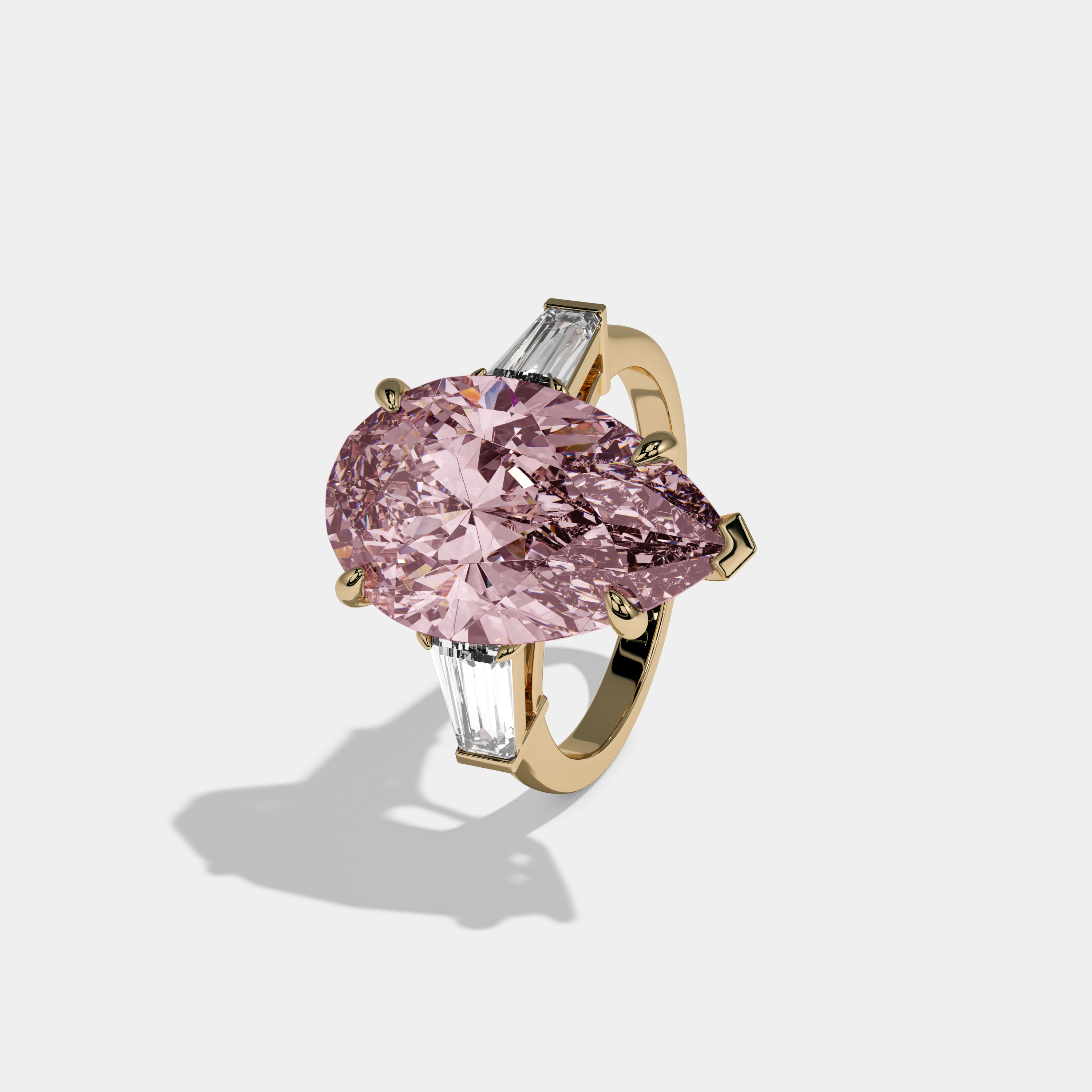 Alexandra Fancy Pink Pear Cut Diamond Plain Band With Baguette Cut Sides Engagement Ring 8ct 18k Yellow Gold