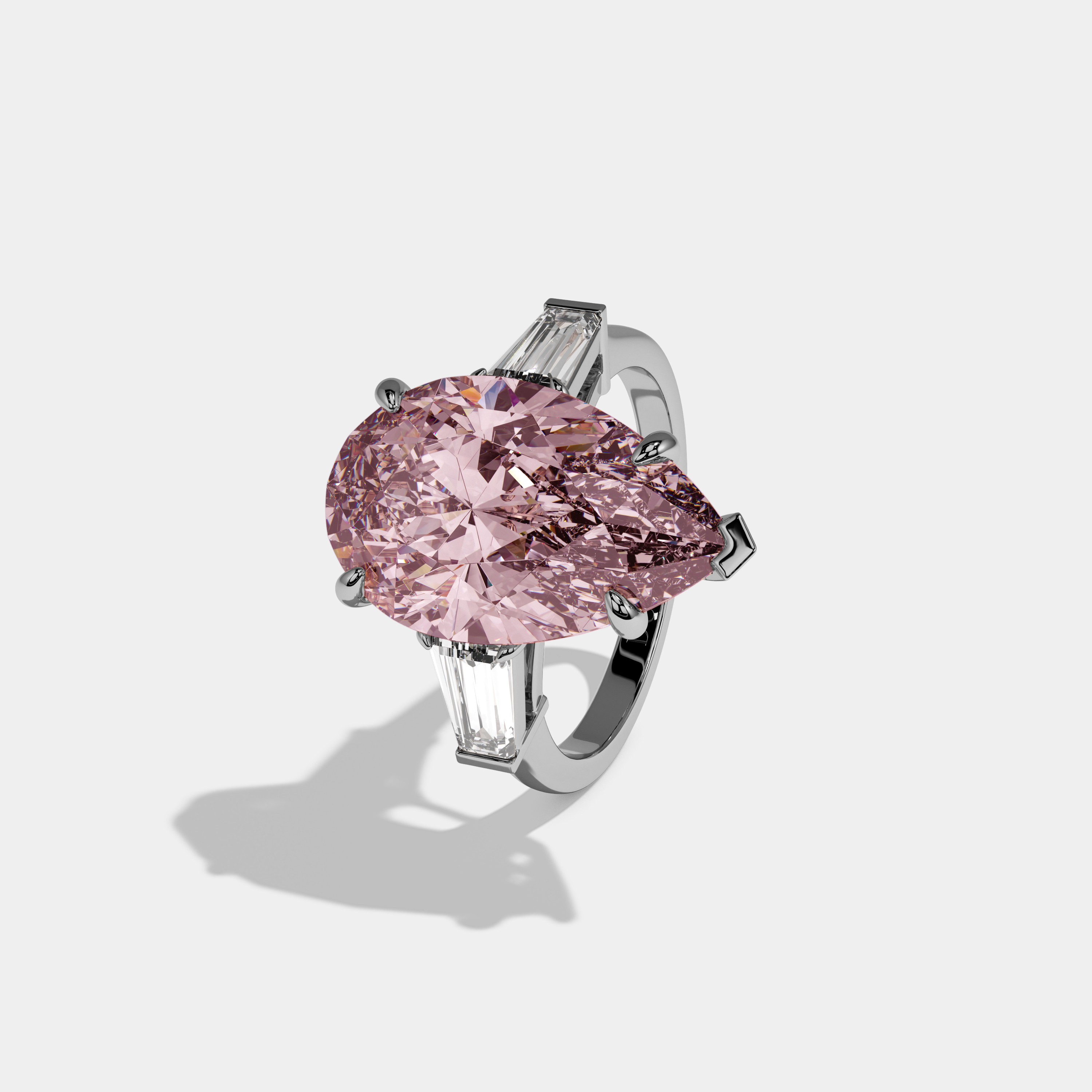 Charlotte Fancy Pink Pear Cut Diamond Plain Band With Baguette Cut Sides Engagement Ring 8ct 18k White Gold