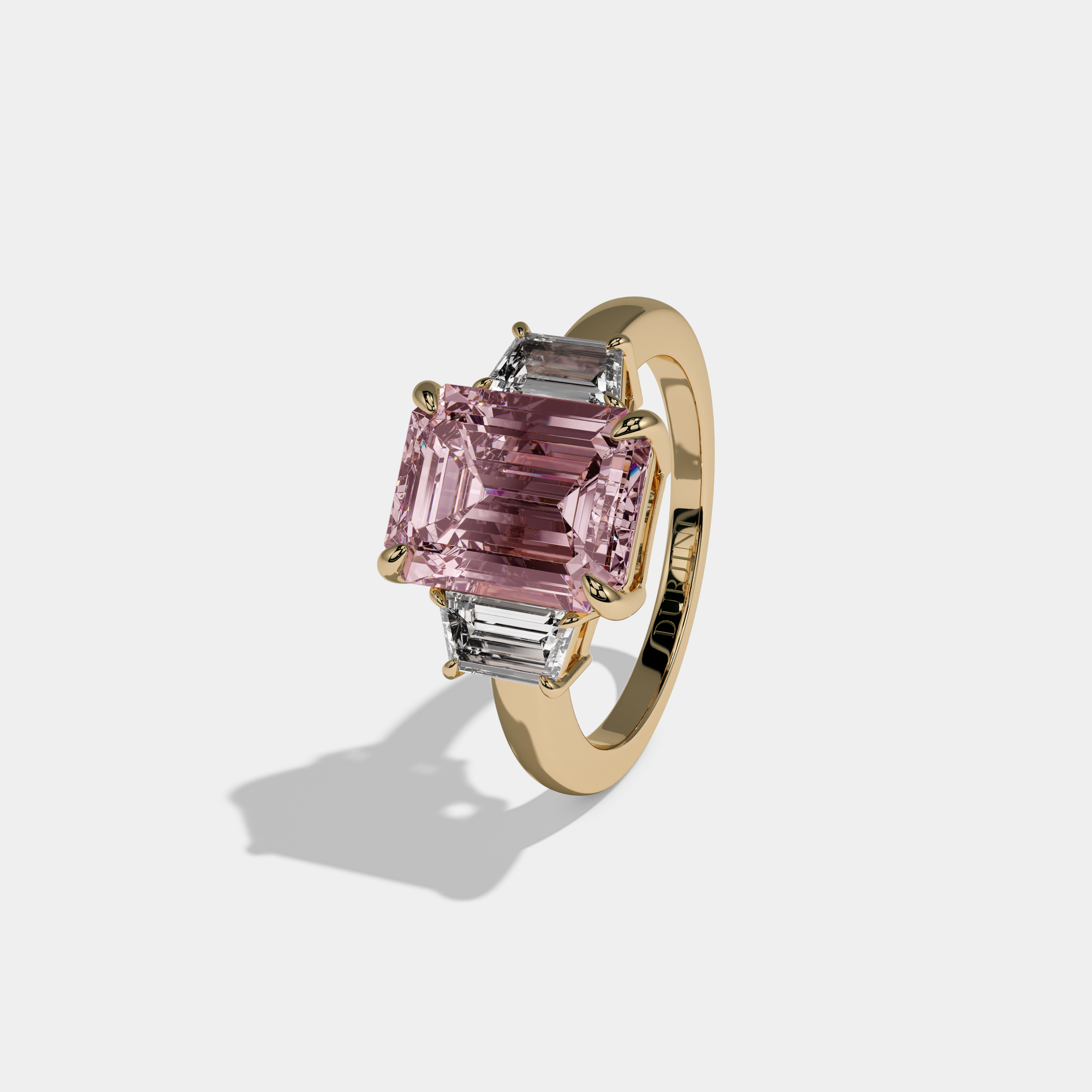 Alexandra Fancy Pink Emerald Cut Diamond Plain Band With Step Cut Sides Engagement Ring 8ct 18k Yellow Gold