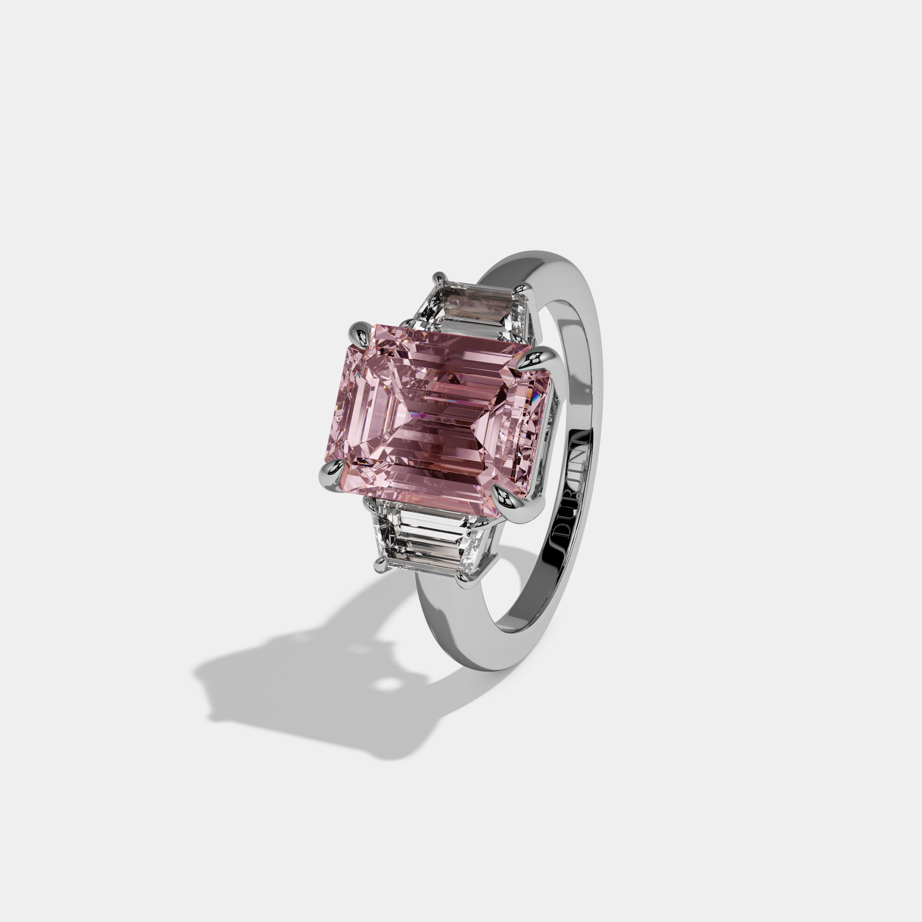 Charlotte Fancy Pink Emerald Cut Diamond Plain Band With Step Cut Sides Engagement Ring 8ct 18k White Gold