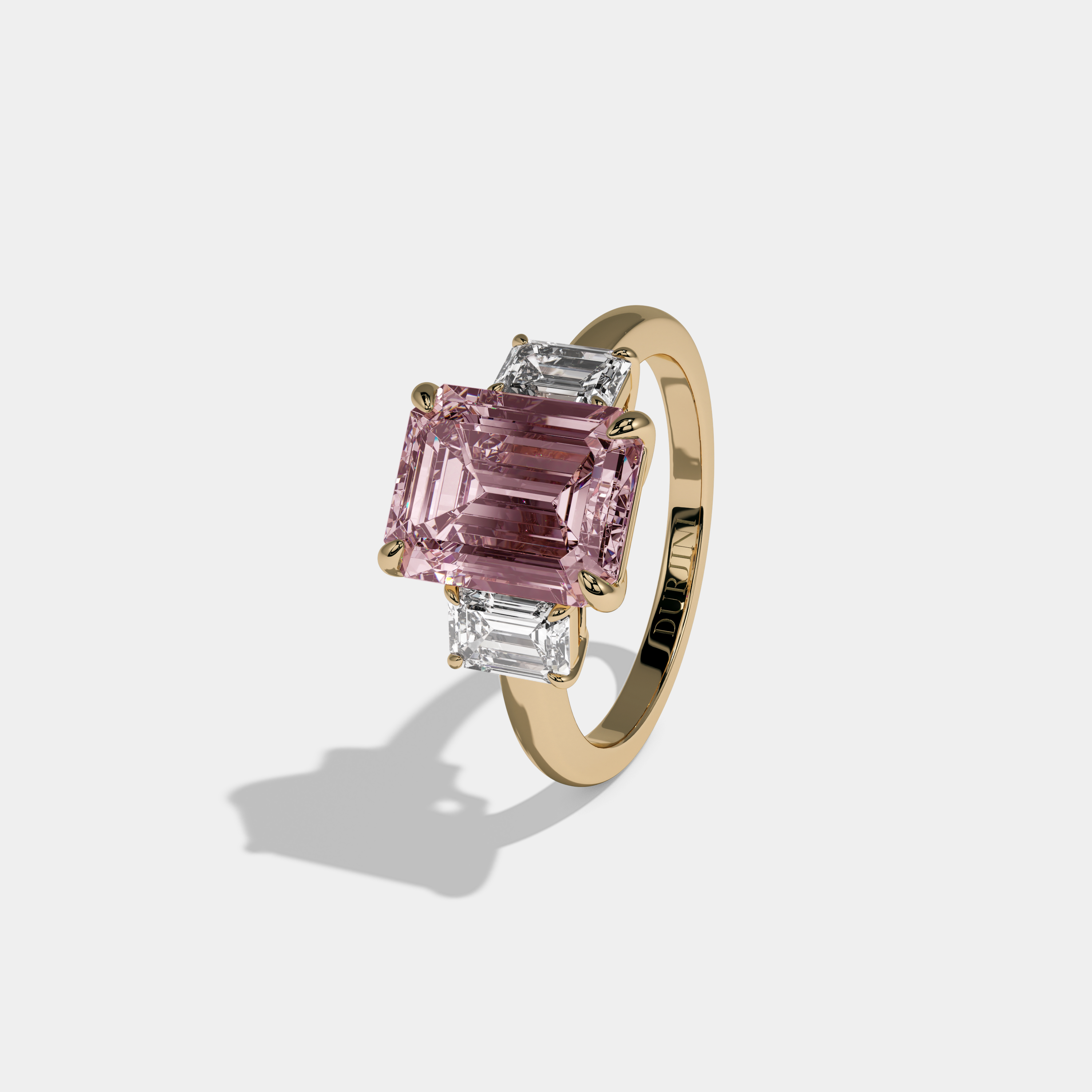 Alexandra Fancy Pink Emerald Cut Diamond Plain Band With Emerald Cut Sides Engagement Ring 8ct 18k Yellow Gold