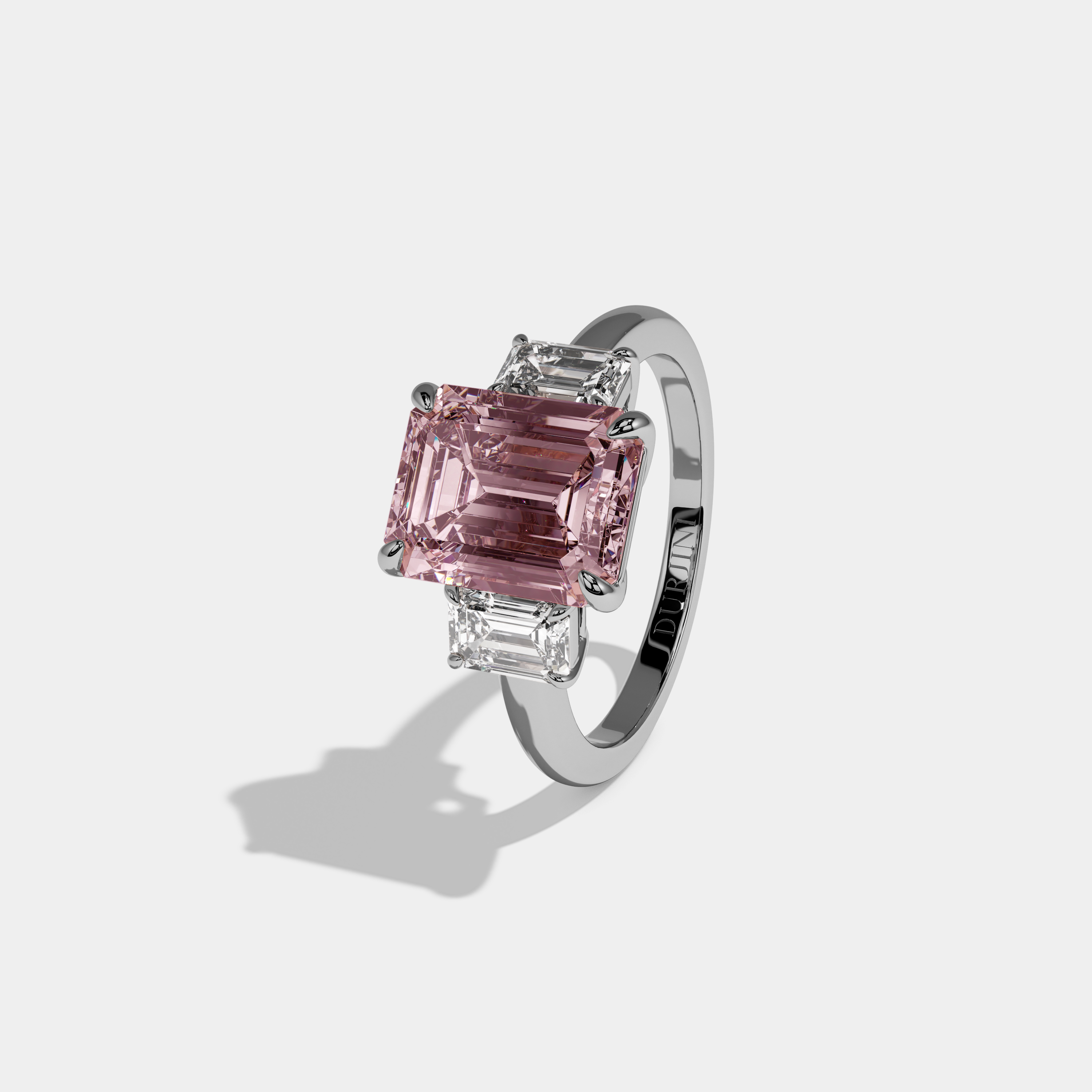 Charlotte Fancy Pink Emerald Cut Diamond Plain Band With Emerald Cut Sides Engagement Ring 8ct 18k White Gold
