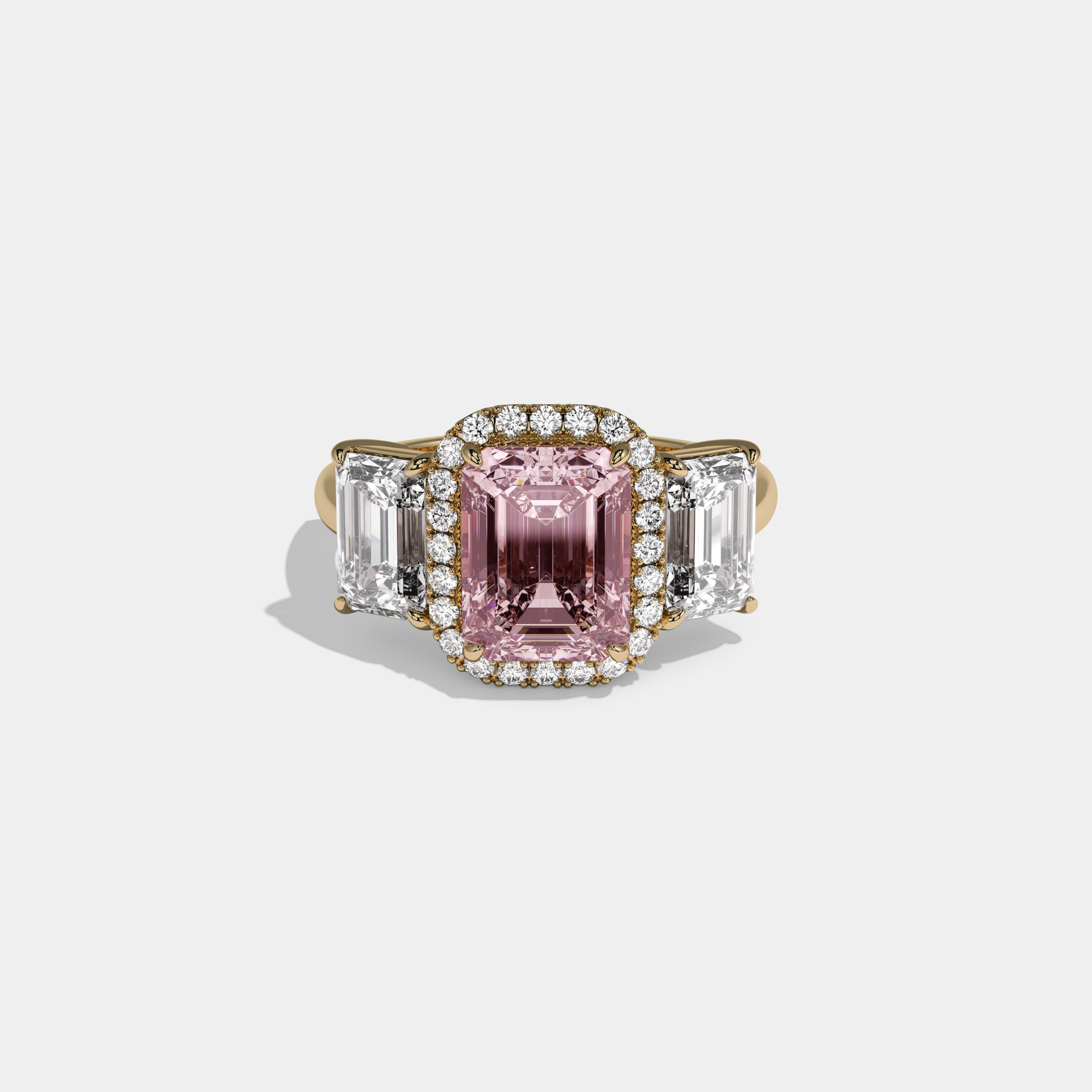 Catherine Fancy Pink Emerald Cut Diamond Plain Band With Emerald Cut Sides Engagement Ring 8ct 18K Yellow Gold