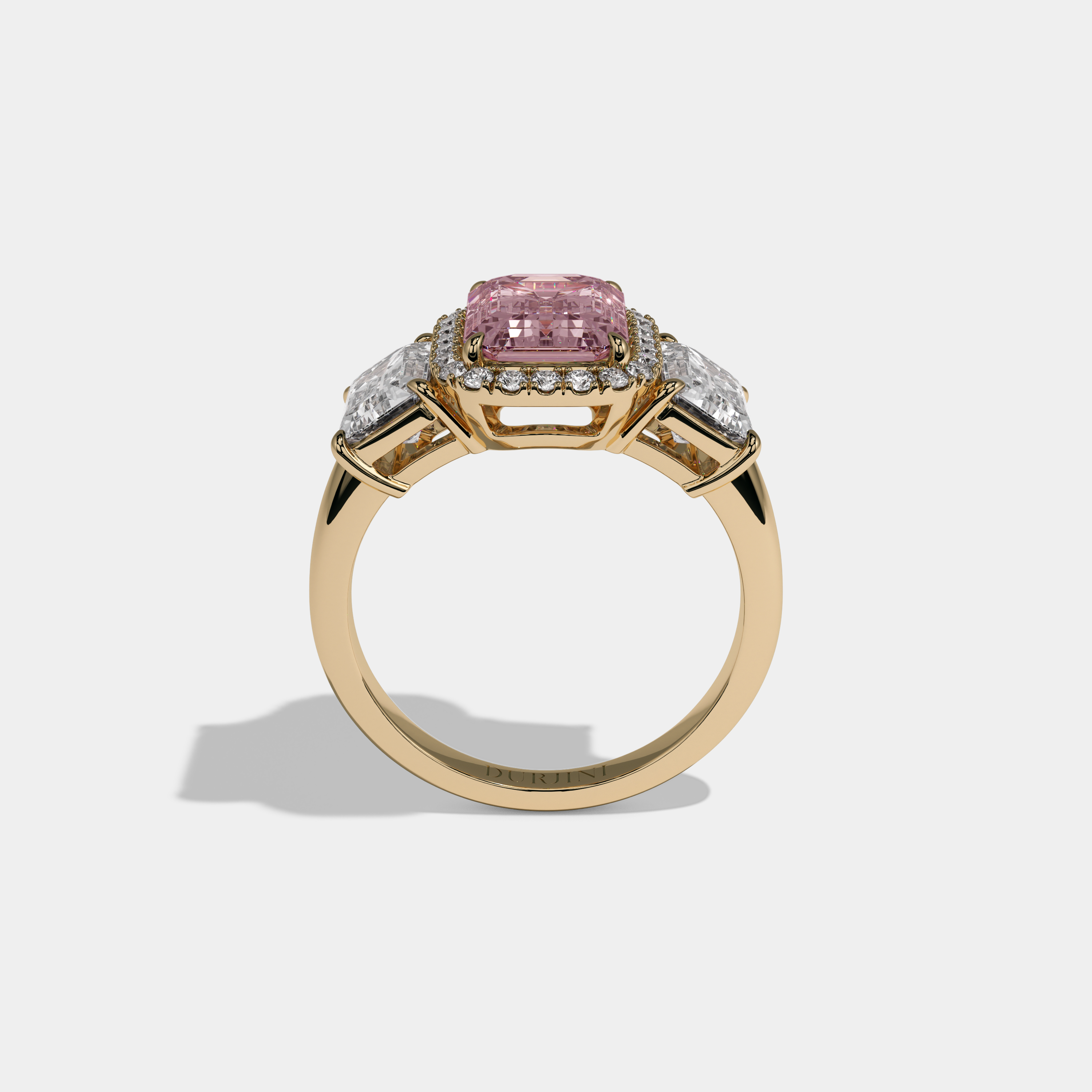 Catherine Fancy Pink Emerald Cut Diamond Plain Band With Emerald Cut Sides Engagement Ring 8ct 18K Yellow Gold