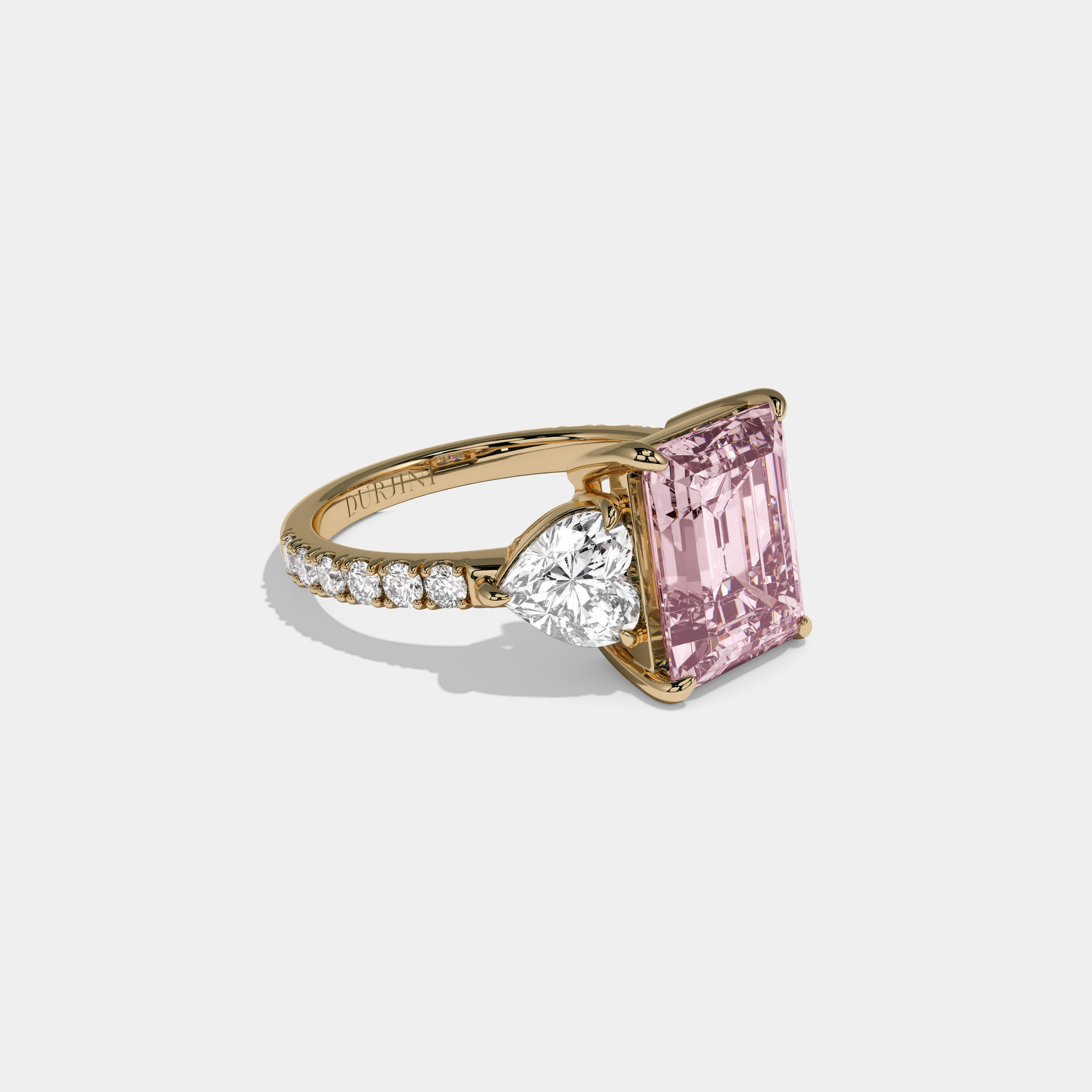 Charlotte Fancy Pink Emerald Cut Diamond Band With Heart Cut Sides Engagement Ring 8ct 18K Yellow Gold