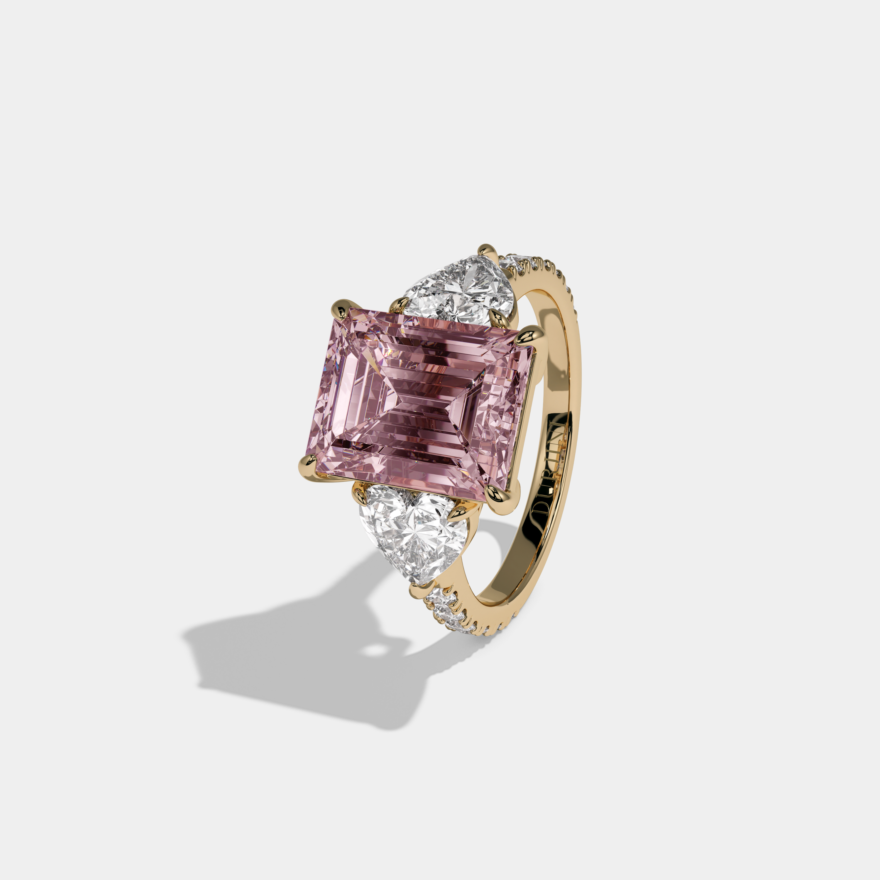 Charlotte Fancy Pink Emerald Cut Diamond Band With Heart Cut Sides Engagement Ring 8ct 18K Yellow Gold
