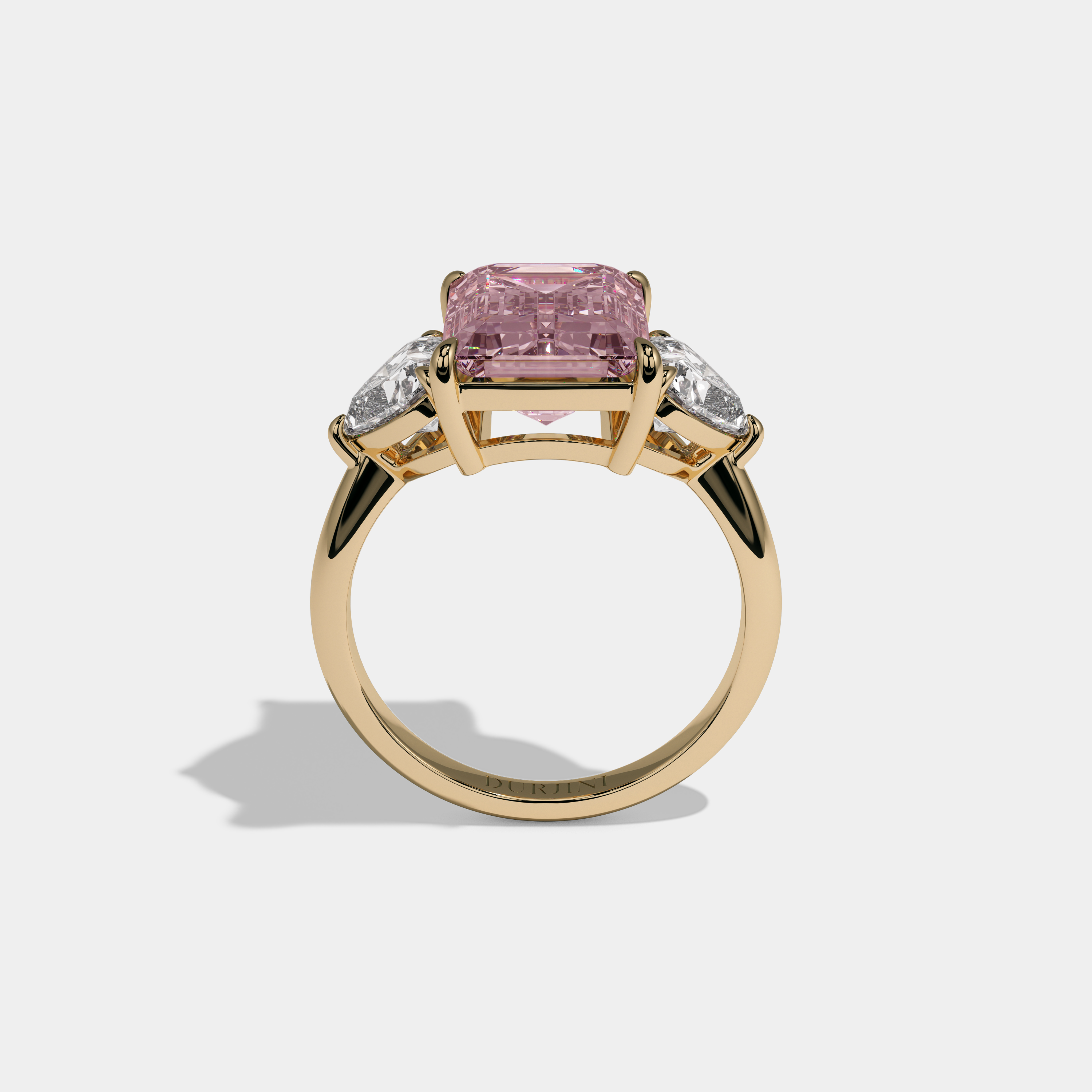 Charlotte Fancy Pink Emerald Cut Diamond Plain Band With Heart Cut Sides Engagement Ring 8ct 18K Yellow Gold