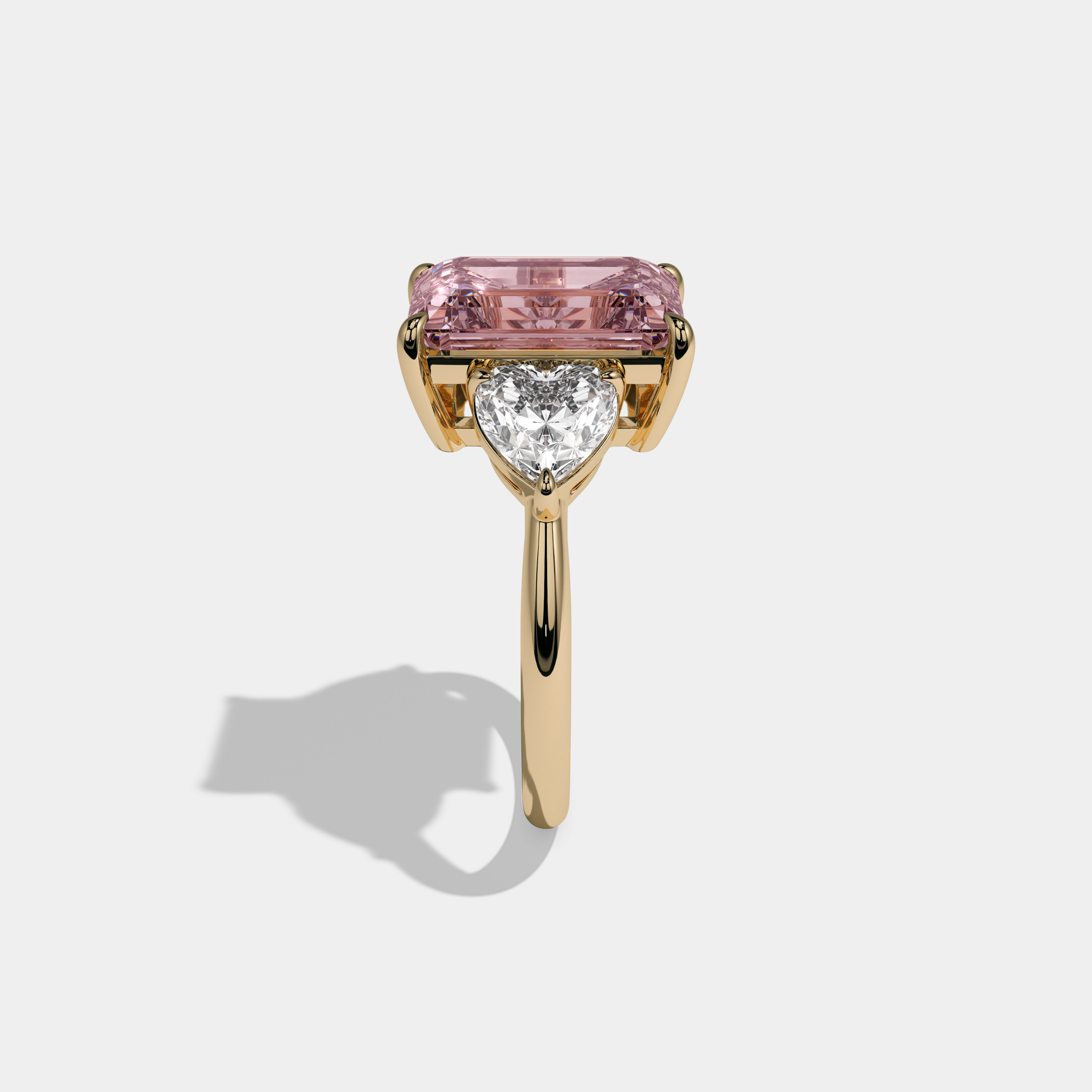 Charlotte Fancy Pink Emerald Cut Diamond Plain Band With Heart Cut Sides Engagement Ring 8ct 18K Yellow Gold