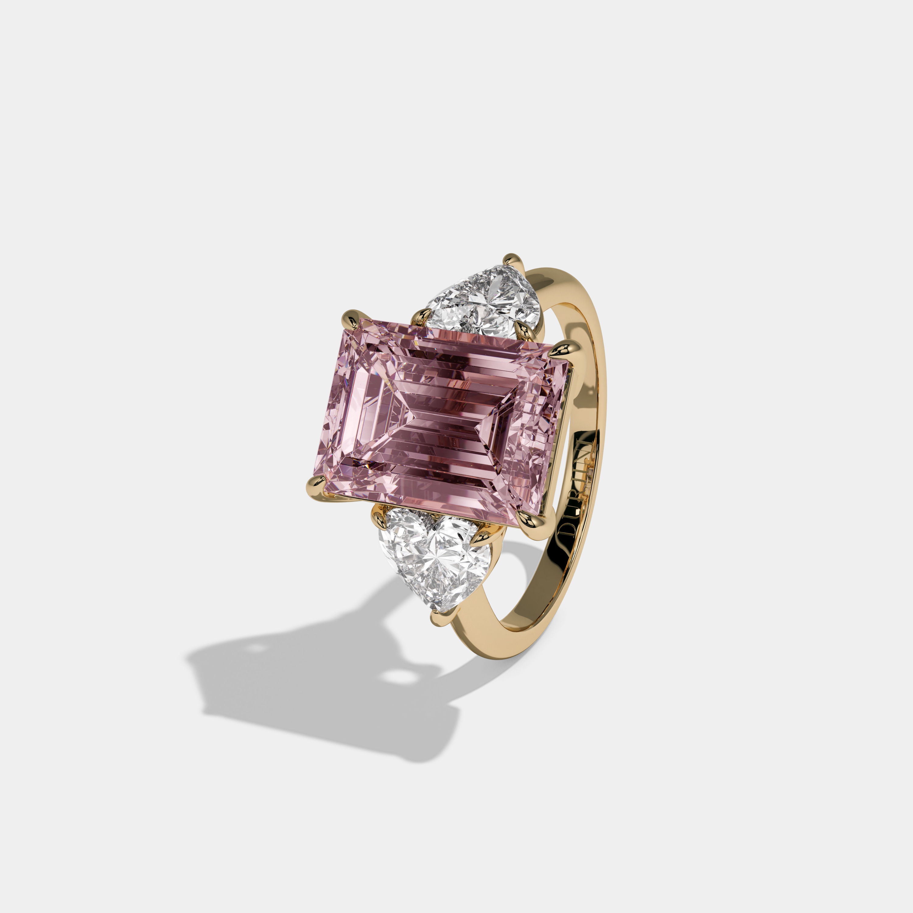 Charlotte Fancy Pink Emerald Cut Diamond Plain Band With Heart Cut Sides Engagement Ring 8ct 18K Yellow Gold