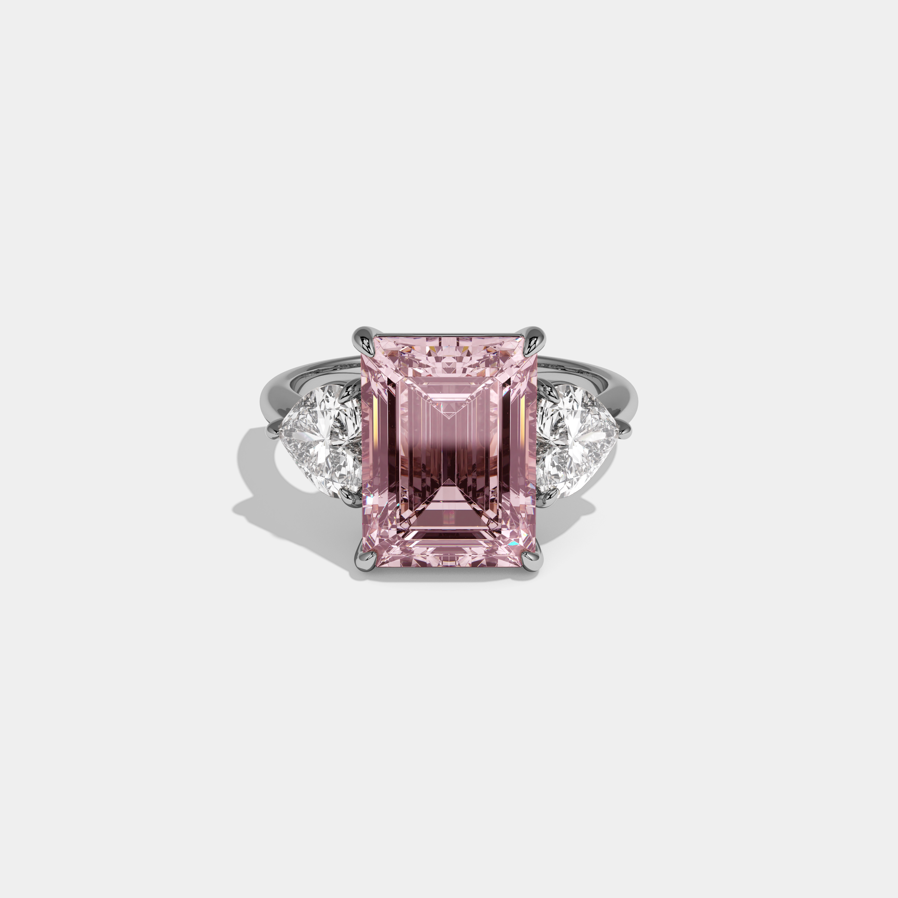 Beatrice Fancy Pink Emerald Cut Diamond Plain Band With Heart Cut Sides Engagement Ring 8ct 18K White Gold