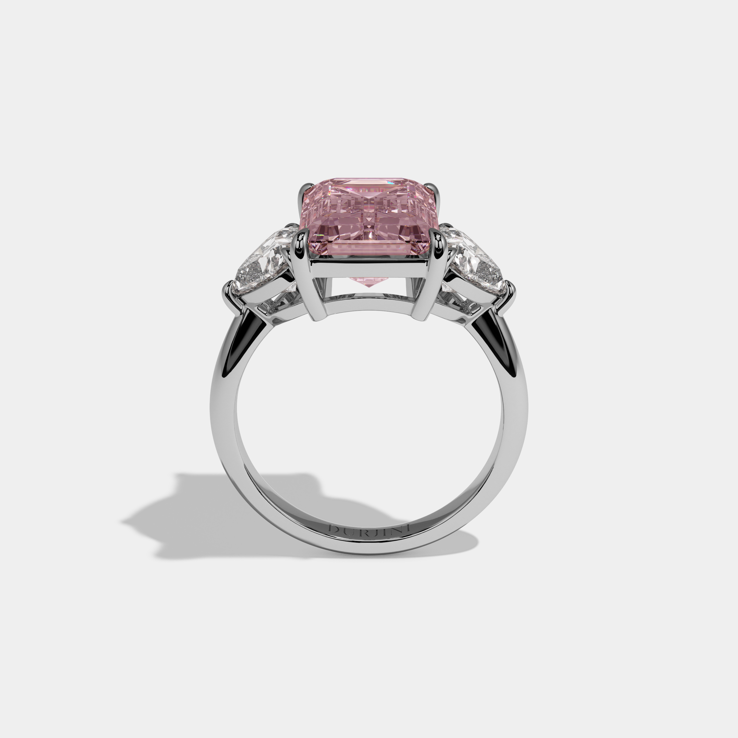 Beatrice Fancy Pink Emerald Cut Diamond Plain Band With Heart Cut Sides Engagement Ring 8ct 18K White Gold