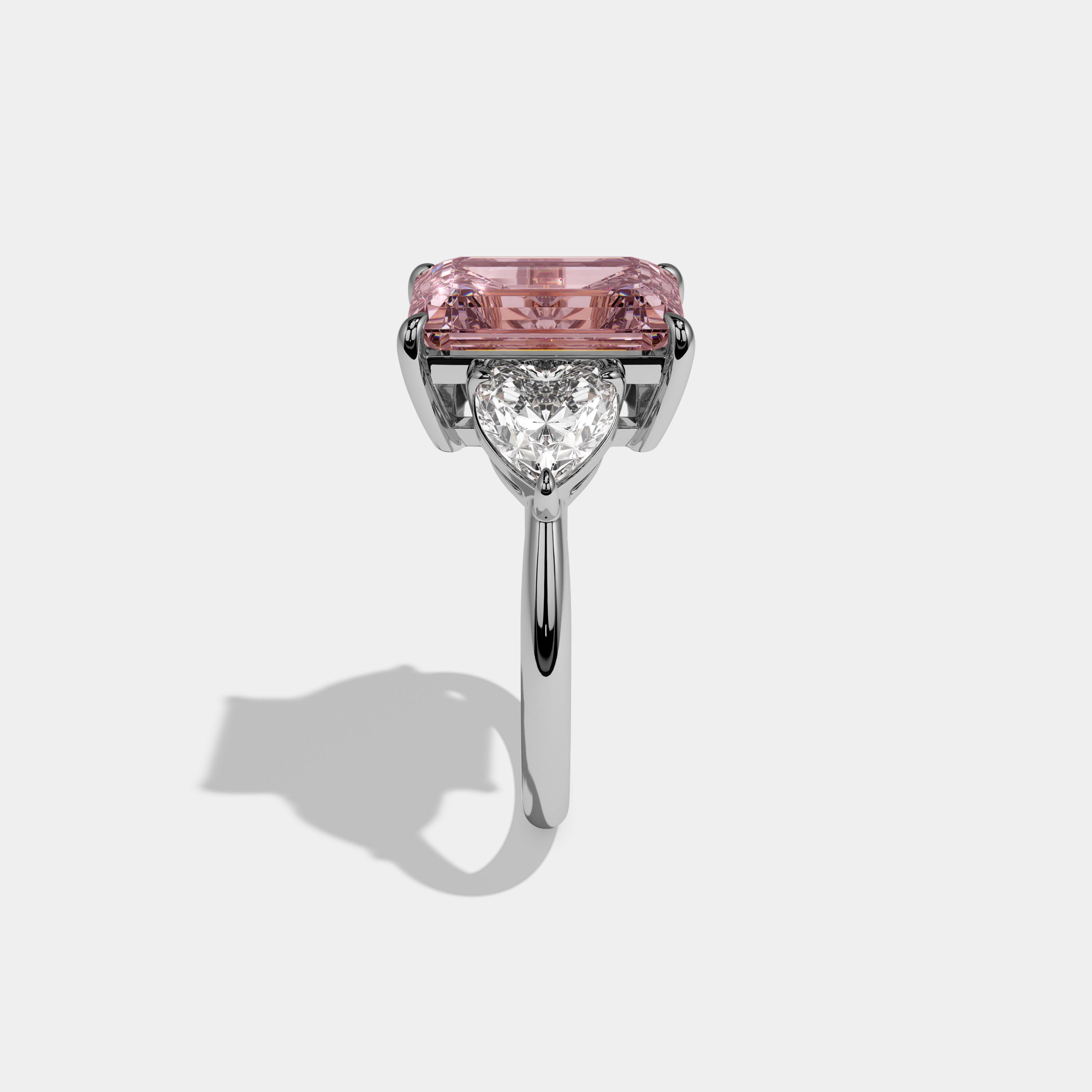 Beatrice Fancy Pink Emerald Cut Diamond Plain Band With Heart Cut Sides Engagement Ring 8ct 18K White Gold