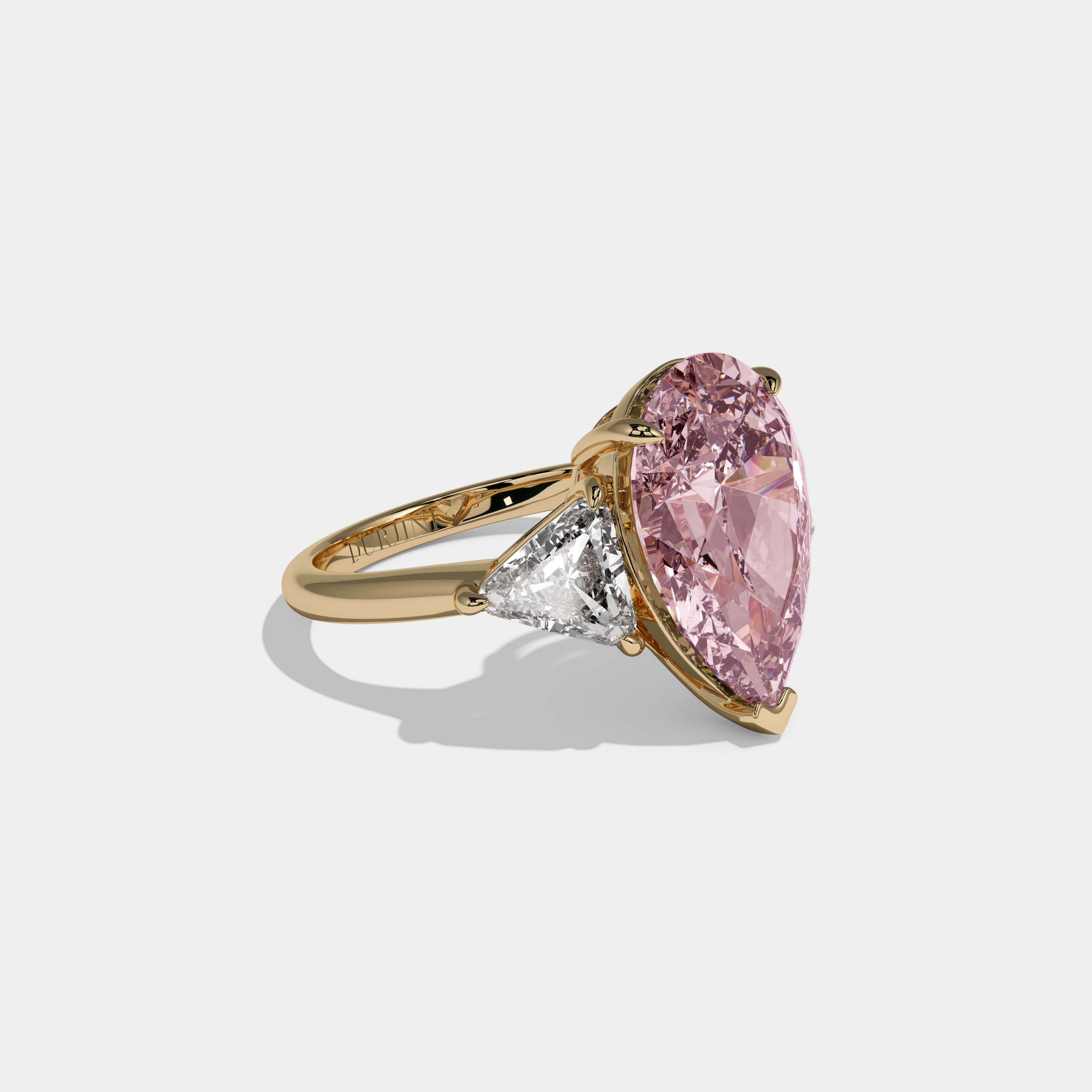 Catherine Fancy Pink Pear Cut Diamond Plain Band With Triangle Cut Sides Engagement Ring 8ct 18K Yellow Gold