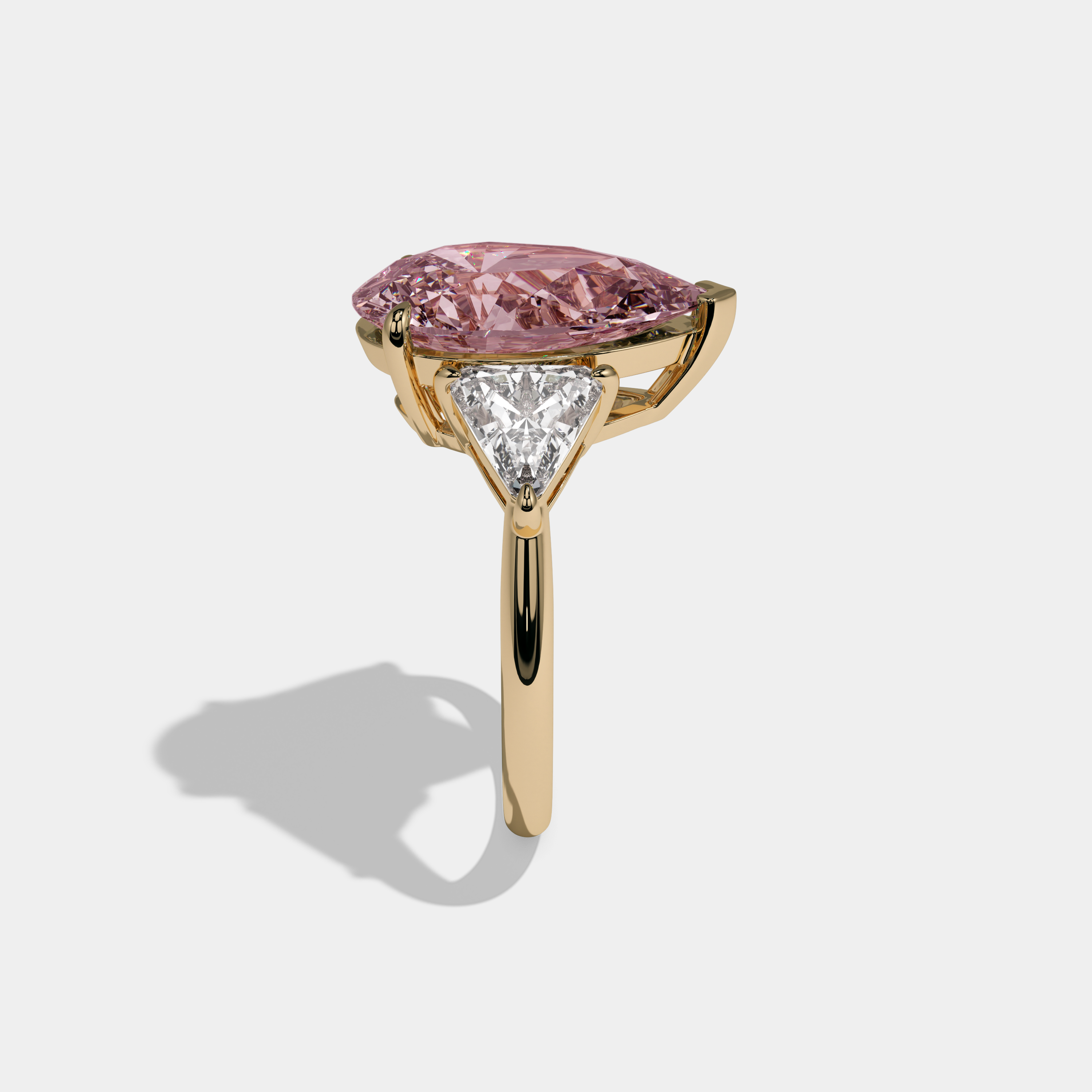 Catherine Fancy Pink Pear Cut Diamond Plain Band With Triangle Cut Sides Engagement Ring 8ct 18K Yellow Gold