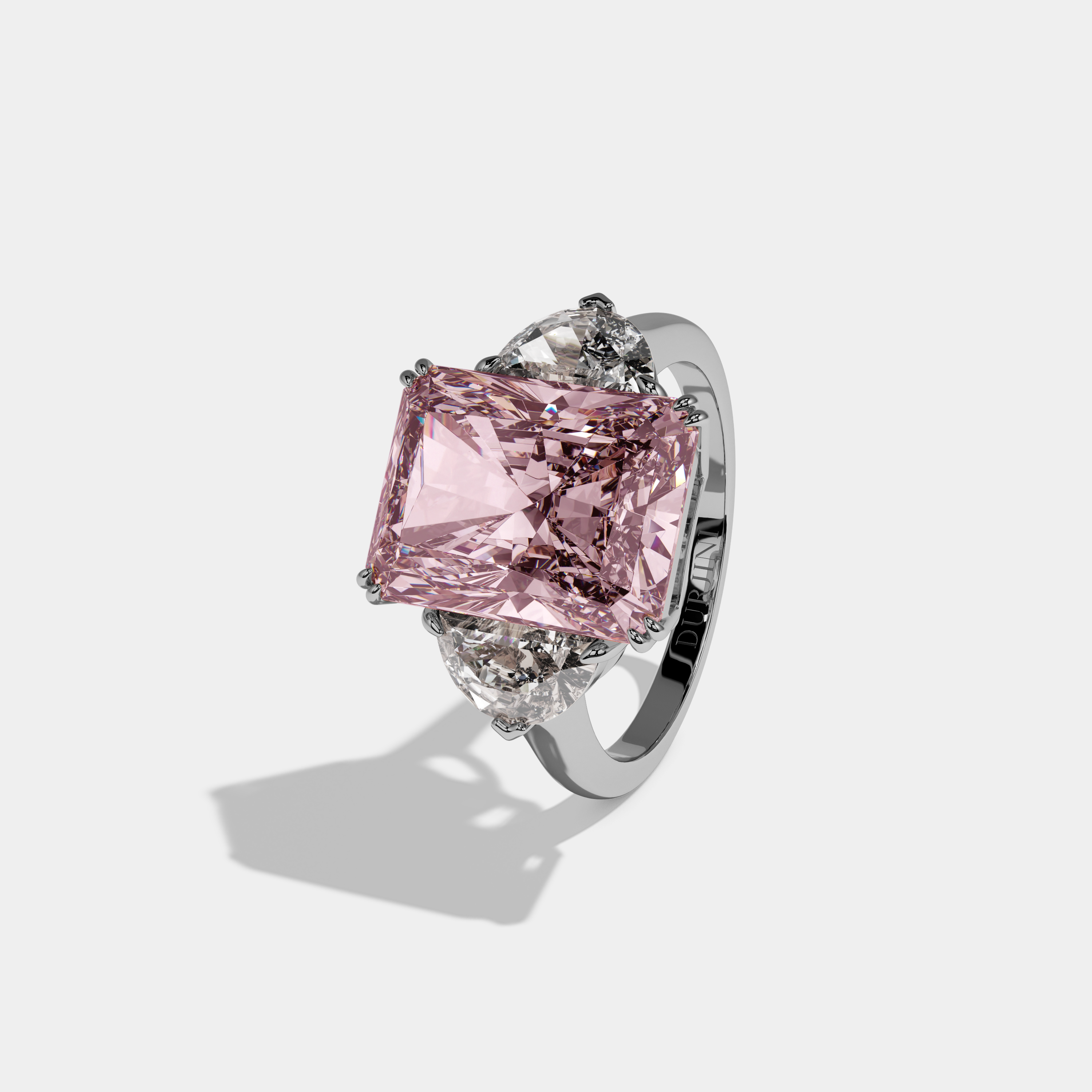Beatrice Fancy Pink Radiant Cut Diamond Plain Band With Half Moon Sides Engagement Ring 8ct 18K White Gold